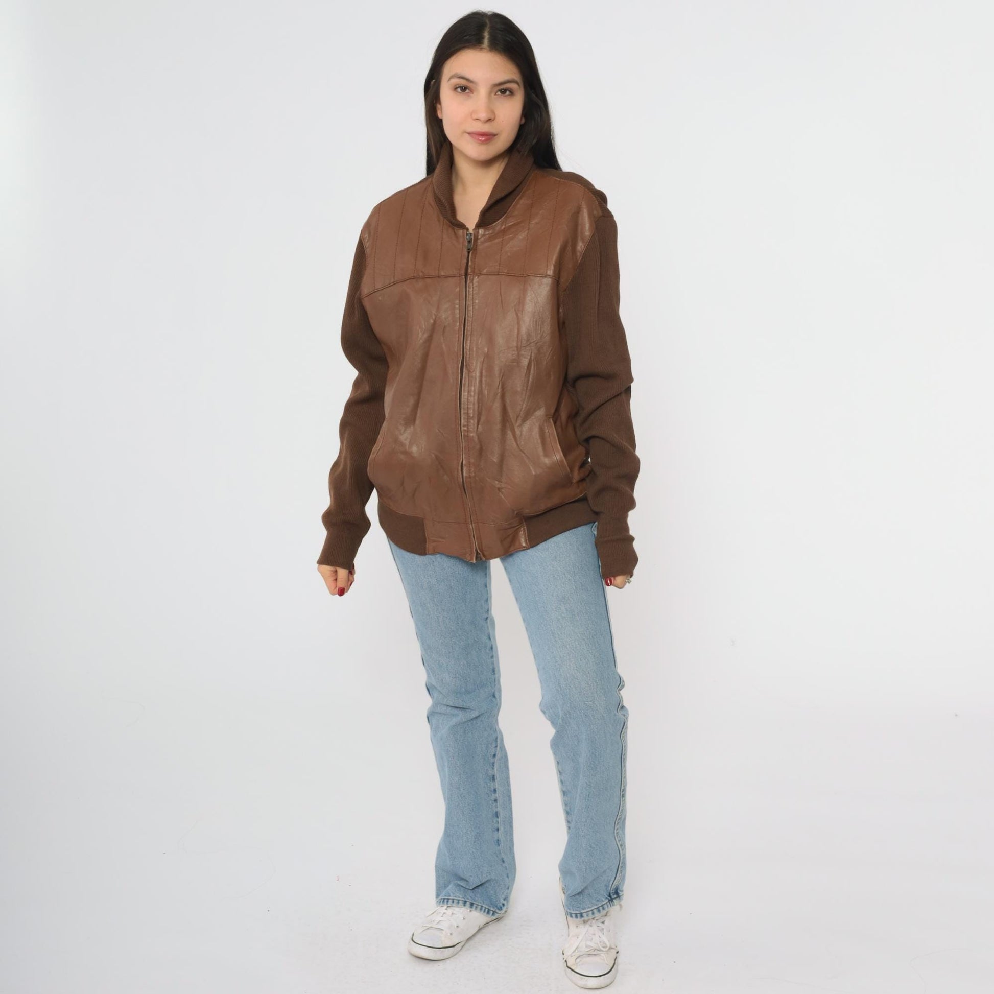 80s Torras Brown Leather Bomber Jacket Wool Knit Sleeves Elbow Patch Large