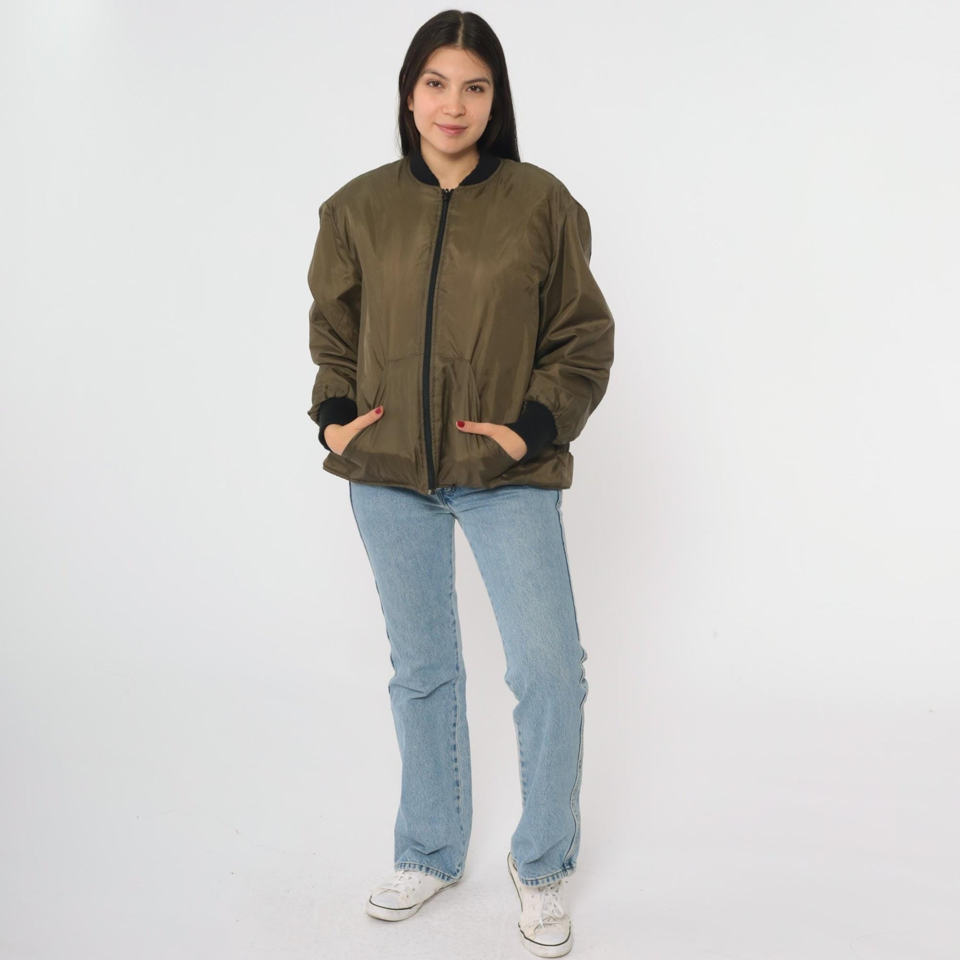 90s RedHead Olive Green Nylon Bomber Jacket Black Rib Trim XL
