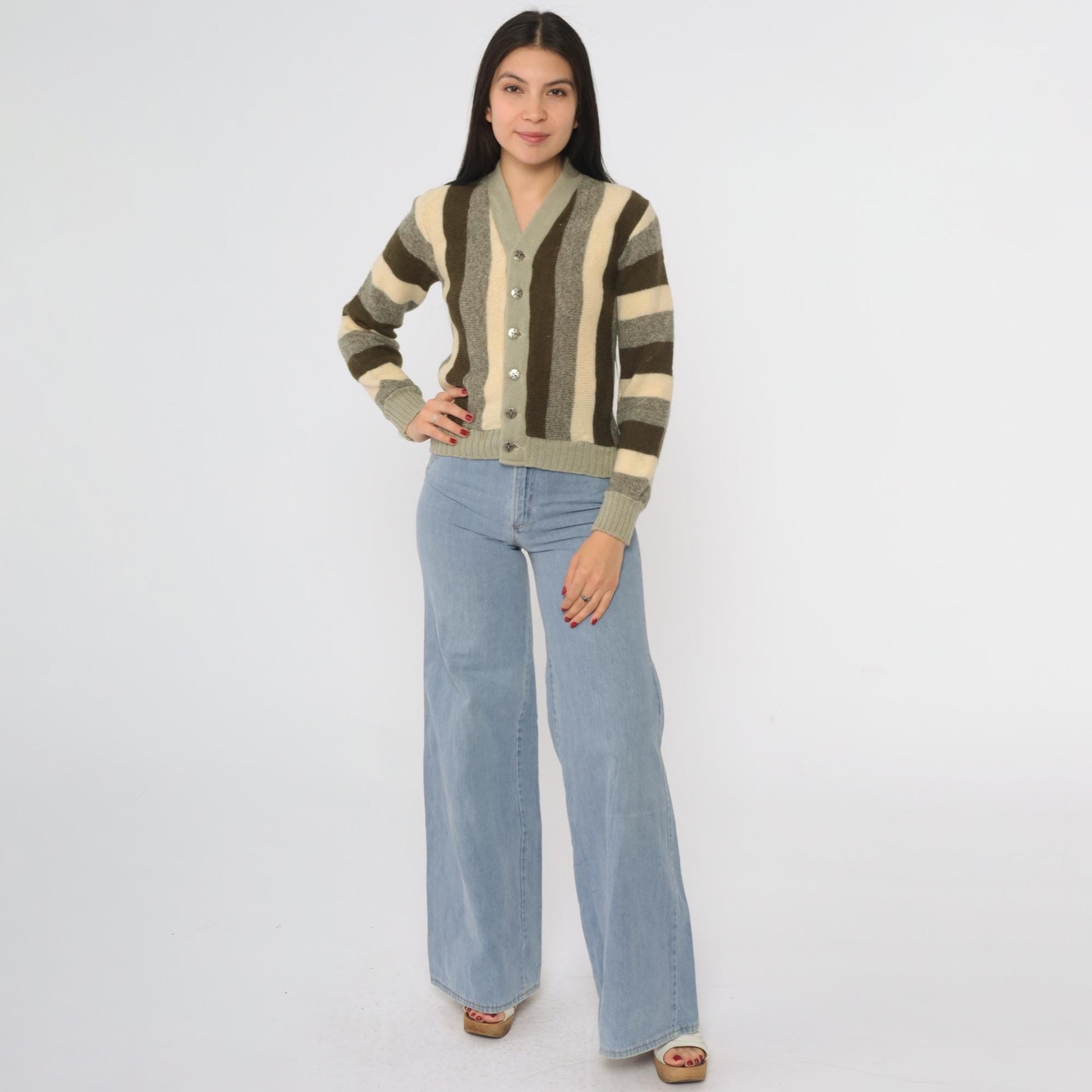 70s Striped Wool Cardigan Olive Green Brown Cream Button Front Extra Small XS