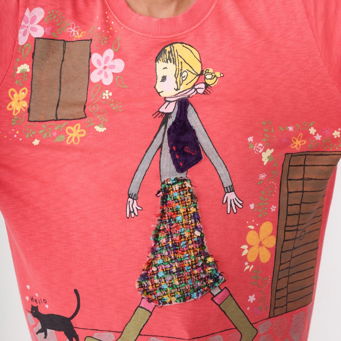 Y2K Coral Pink Sweatshirt Girl Illustration Cat Graphic Crewneck Medium M
