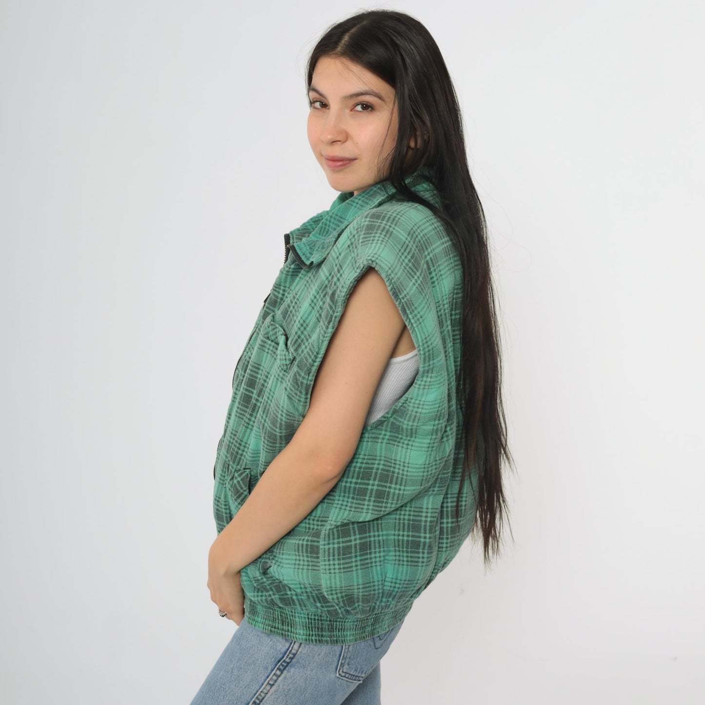 90s Northwest Territory Green Plaid Vest Tartan Zip Sleeveless Large