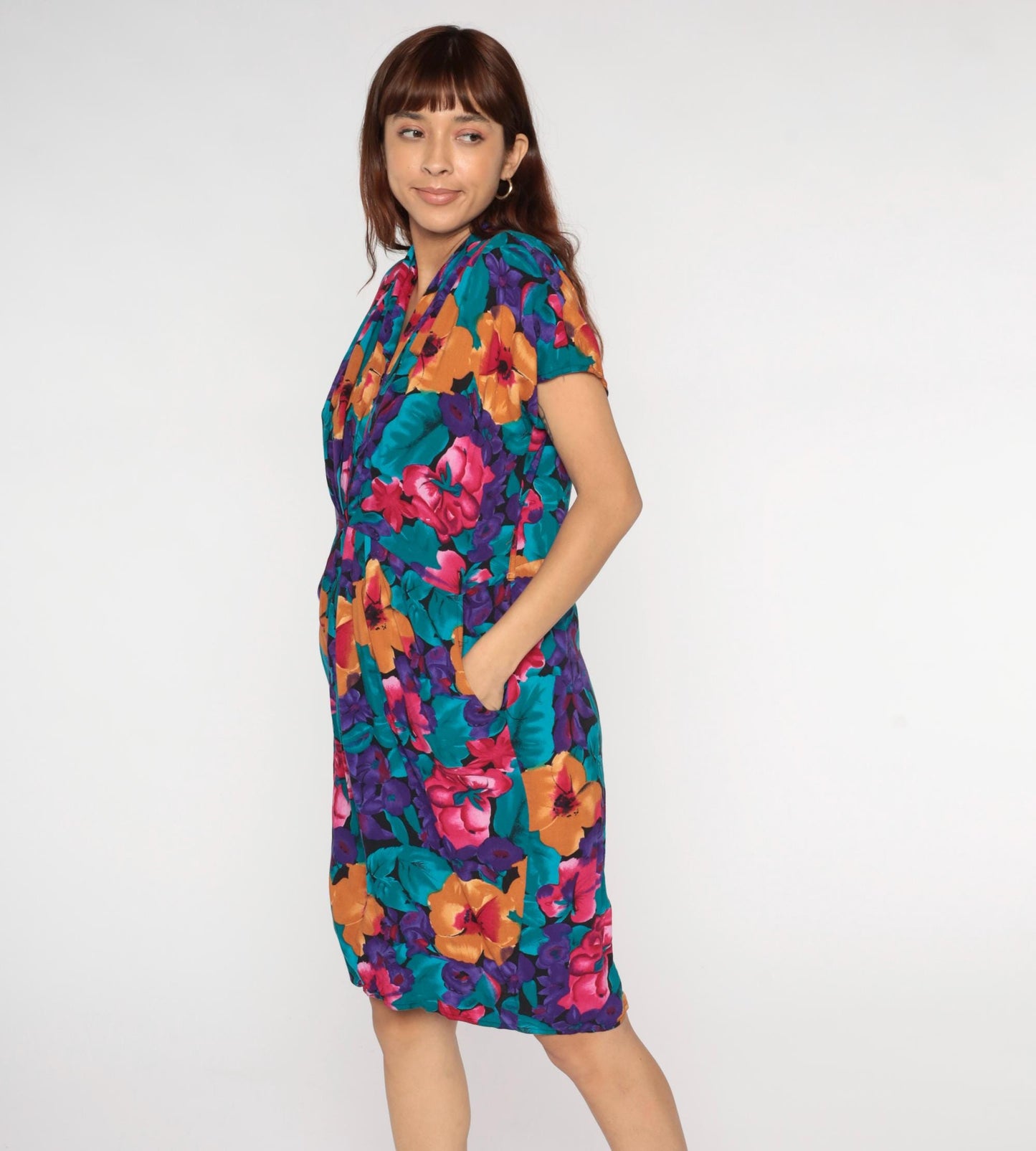 90s Tess Dress Tropical Floral Print V-Neck Tie Waist Dress Medium M