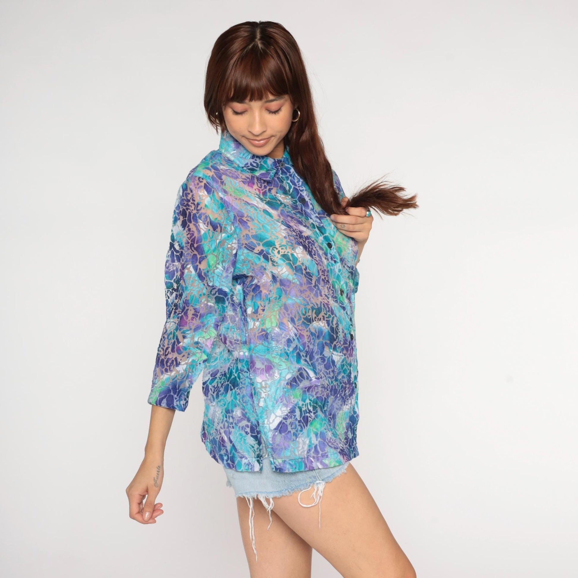 90s Allison Daley Sheer Burnout Blouse Holographic Floral Purple Large L