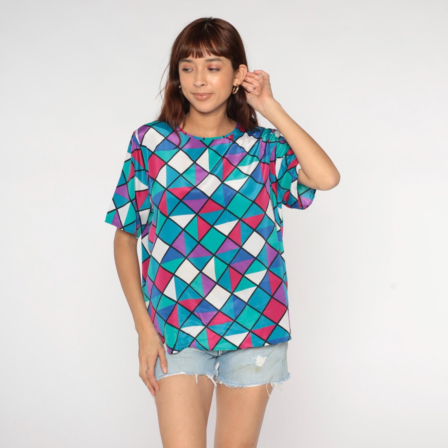 90s Geometric Square Triangle Print Button Up Blouse Colorful Short Sleeve Large L