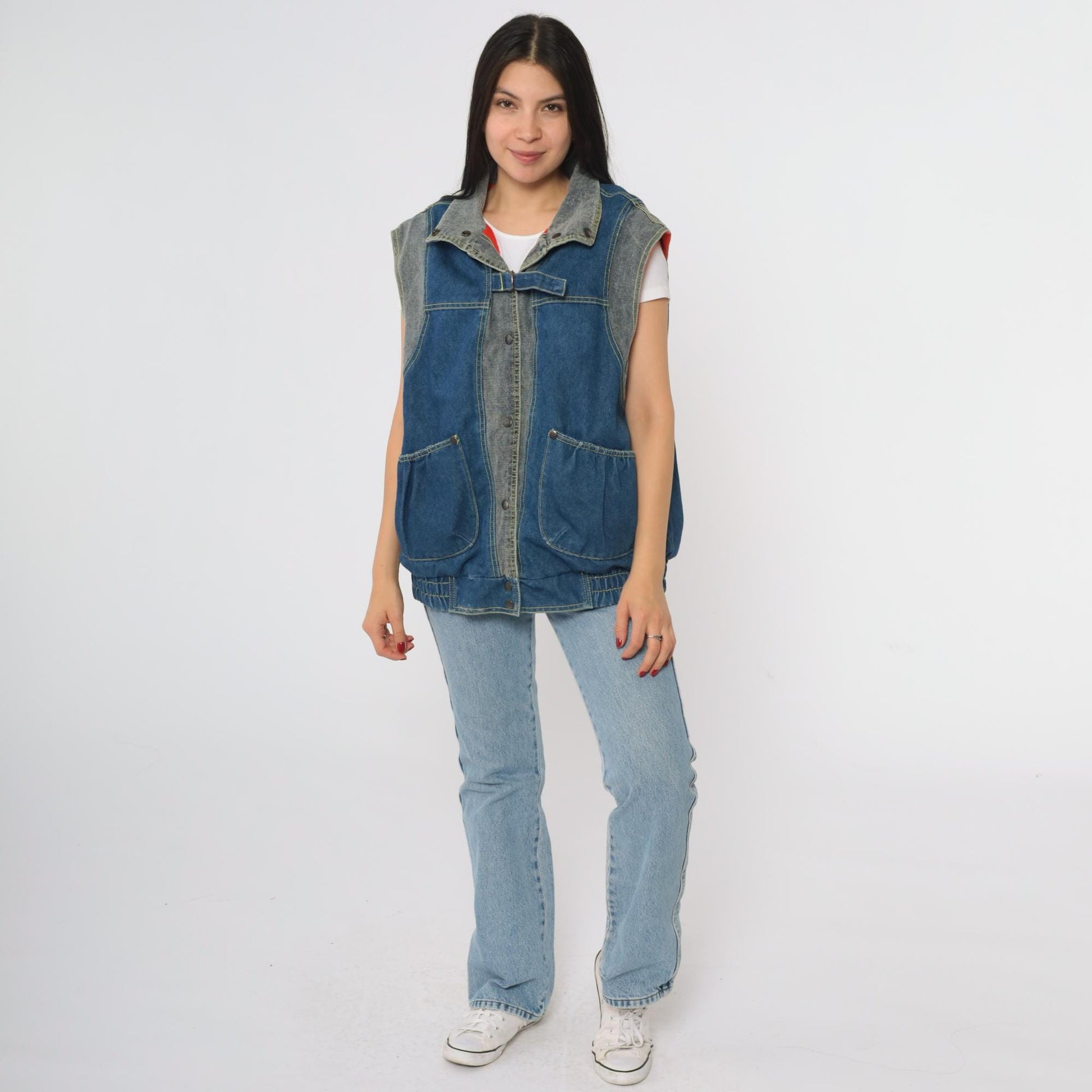 80s Izzi Reversible Denim Vest Blue Red Colorblock Medium M