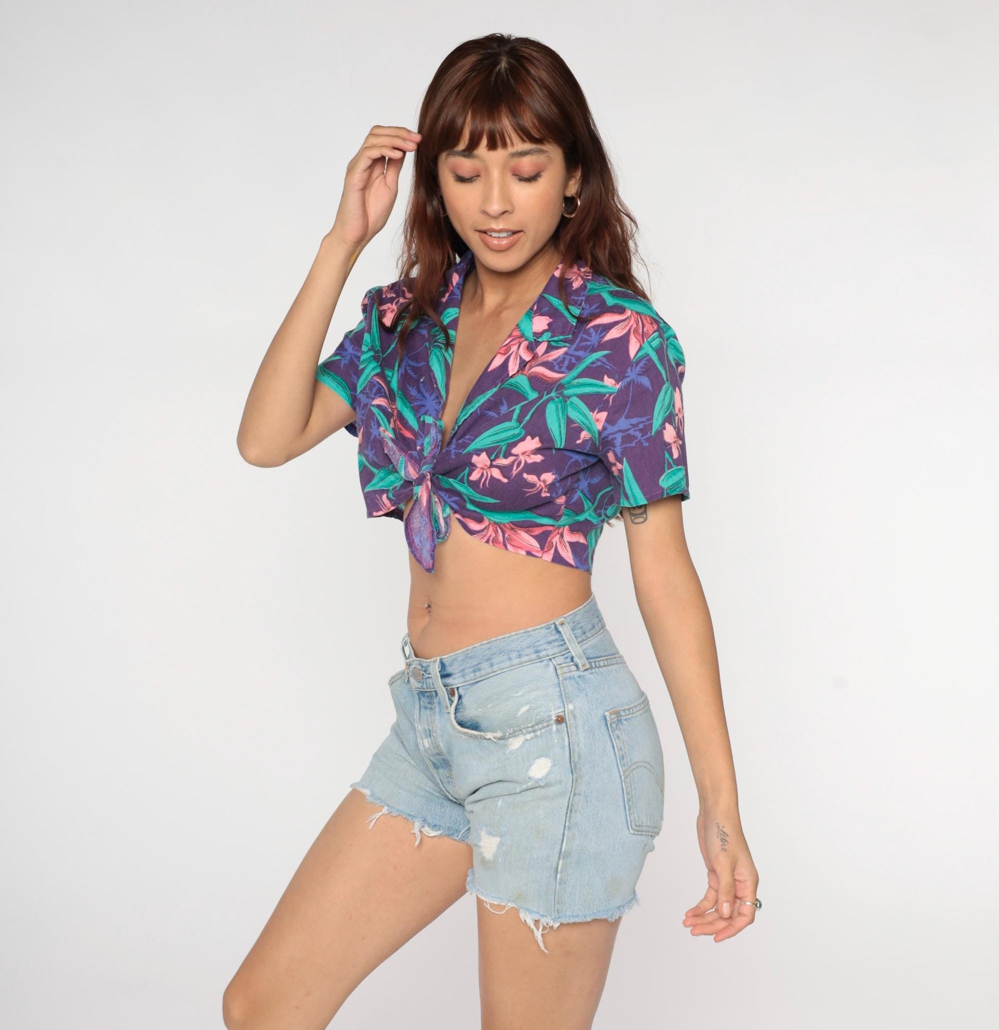 90s Tropical Floral Crop Top Hawaiian Print Tie Front Purple Small