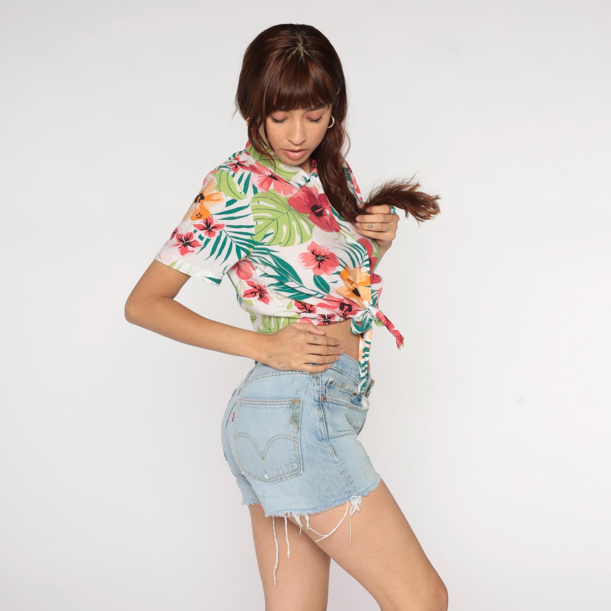 Y2K Tropical Hibiscus Crop Top Button Up Floral Shirt Pink Coral Medium