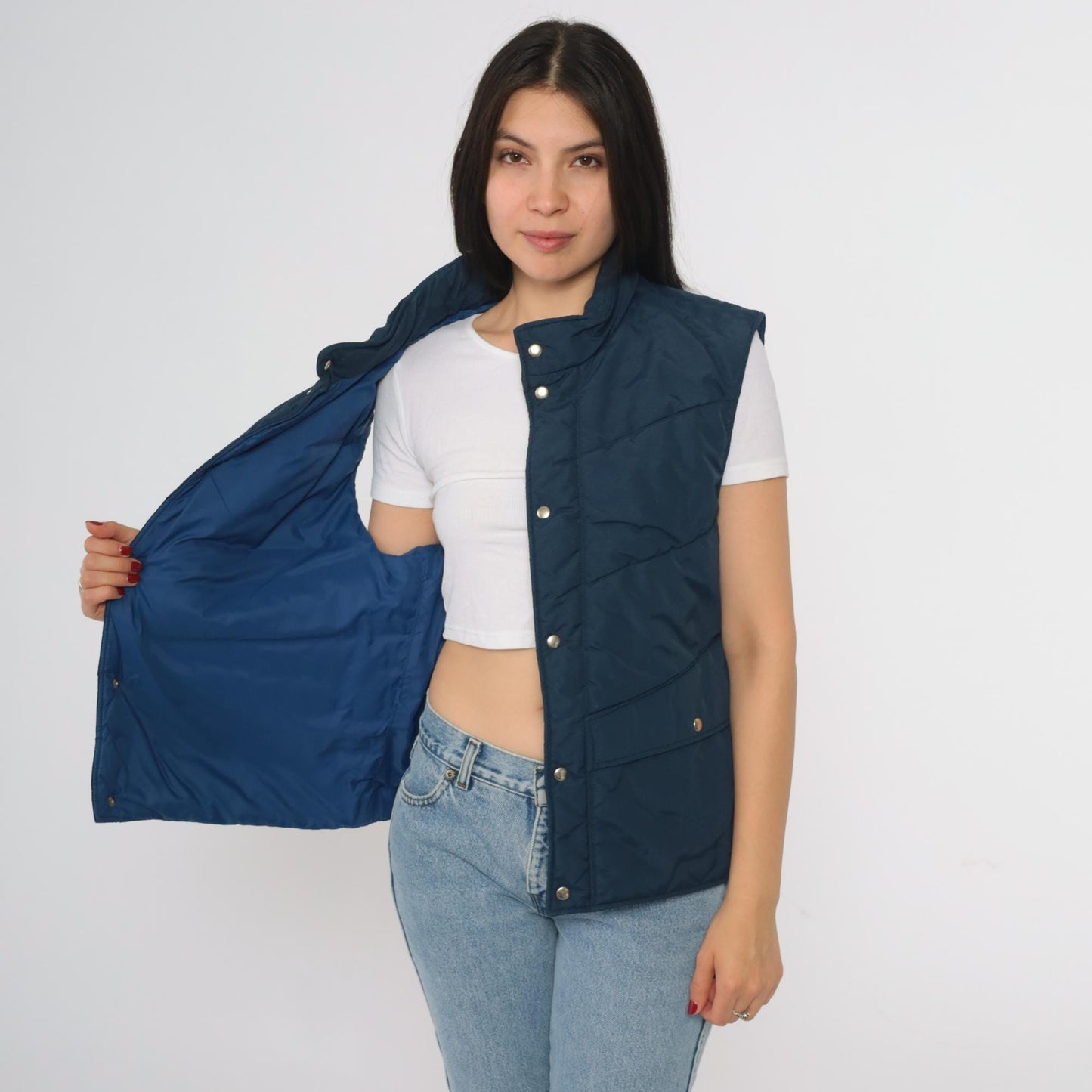 80s CB Navy Puffer Vest Quilted Nylon Snap Front Insulated Large