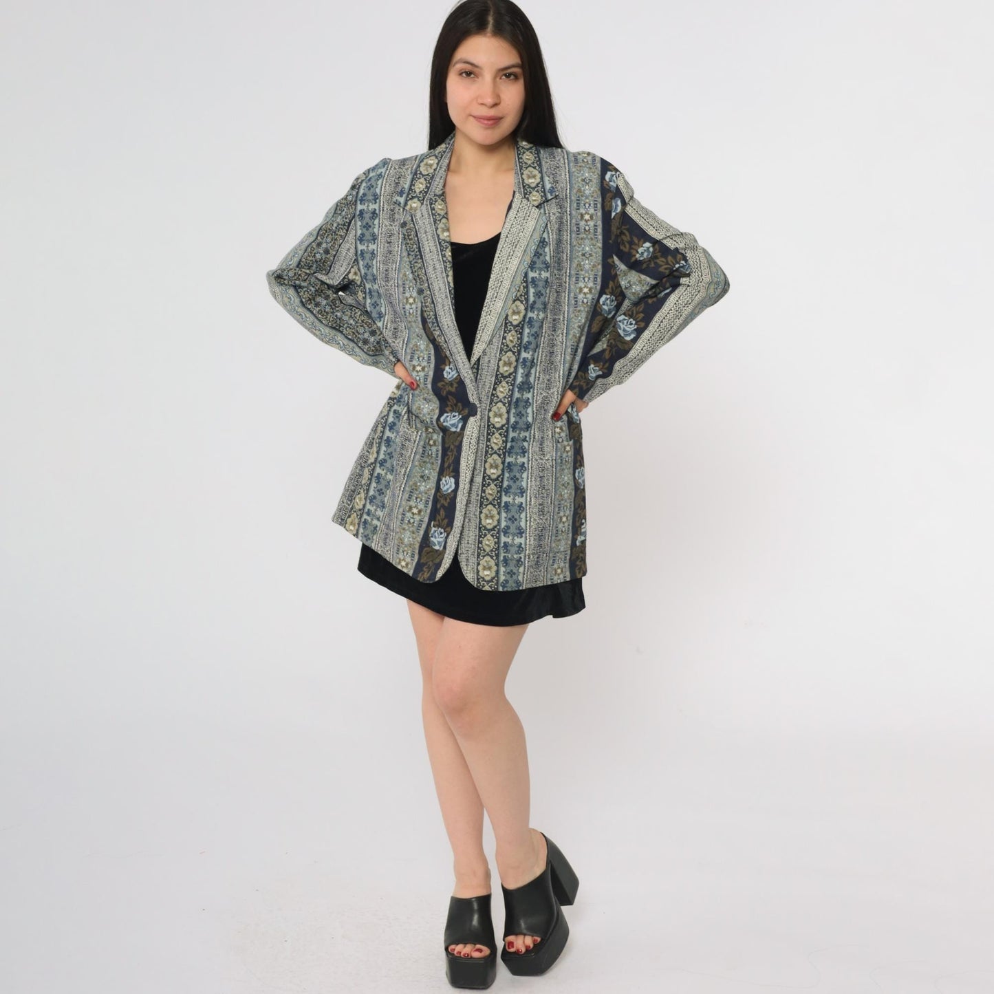 90s Judy Knapp Floral Tapestry Blazer Blue Cotton Linen Blend Single Button Large L