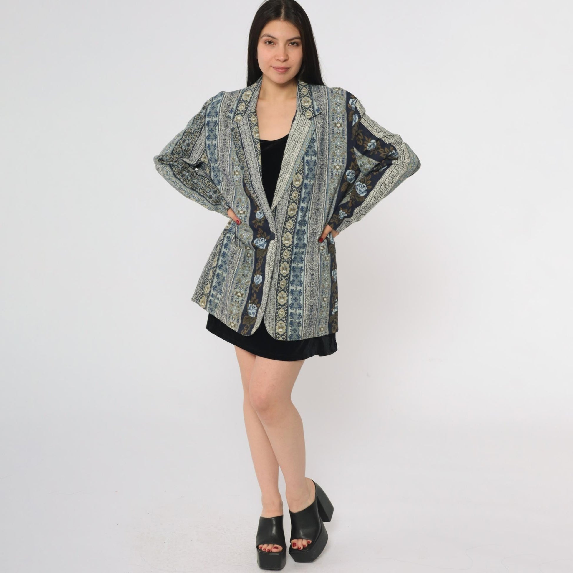 90s Judy Knapp Floral Tapestry Blazer Blue Cotton Linen Blend Single Button Large L