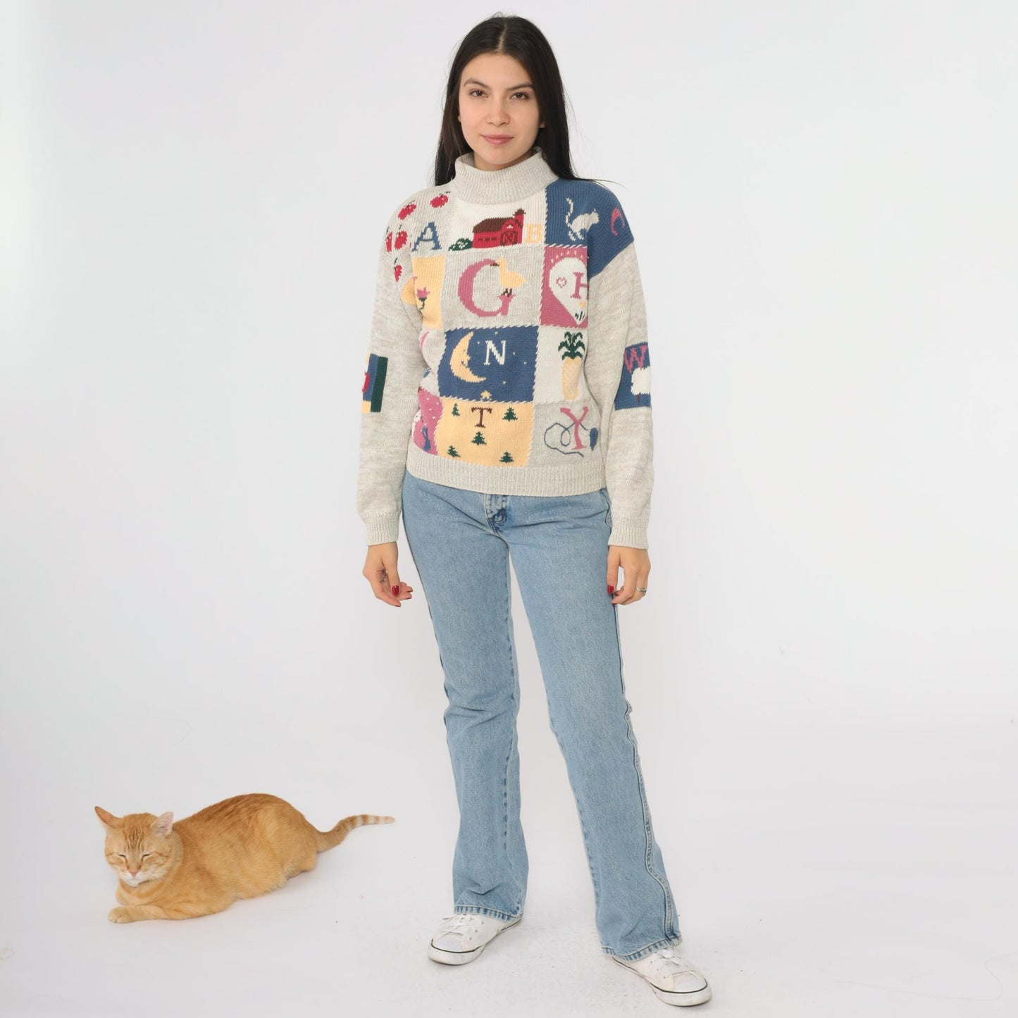 90s Woolrich Alphabet Farm Animal Patchwork Turtleneck Sweater Beige Small S