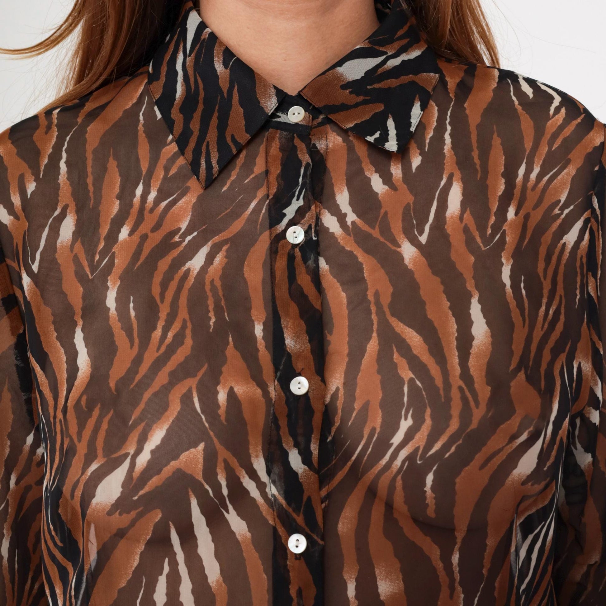 Y2K Tiger Stripe Button-Up Blouse Brown Animal Print Sheer Medium M