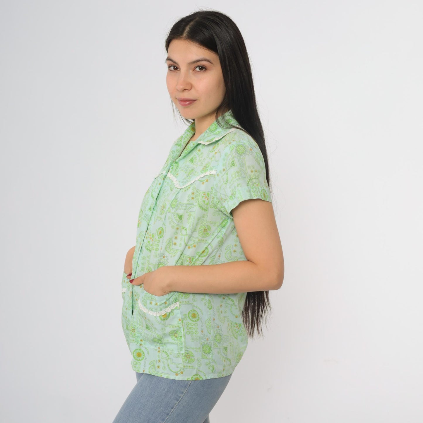70s Sum Wah Mint Green Floral Button-Up Blouse Short Sleeve Collared Medium