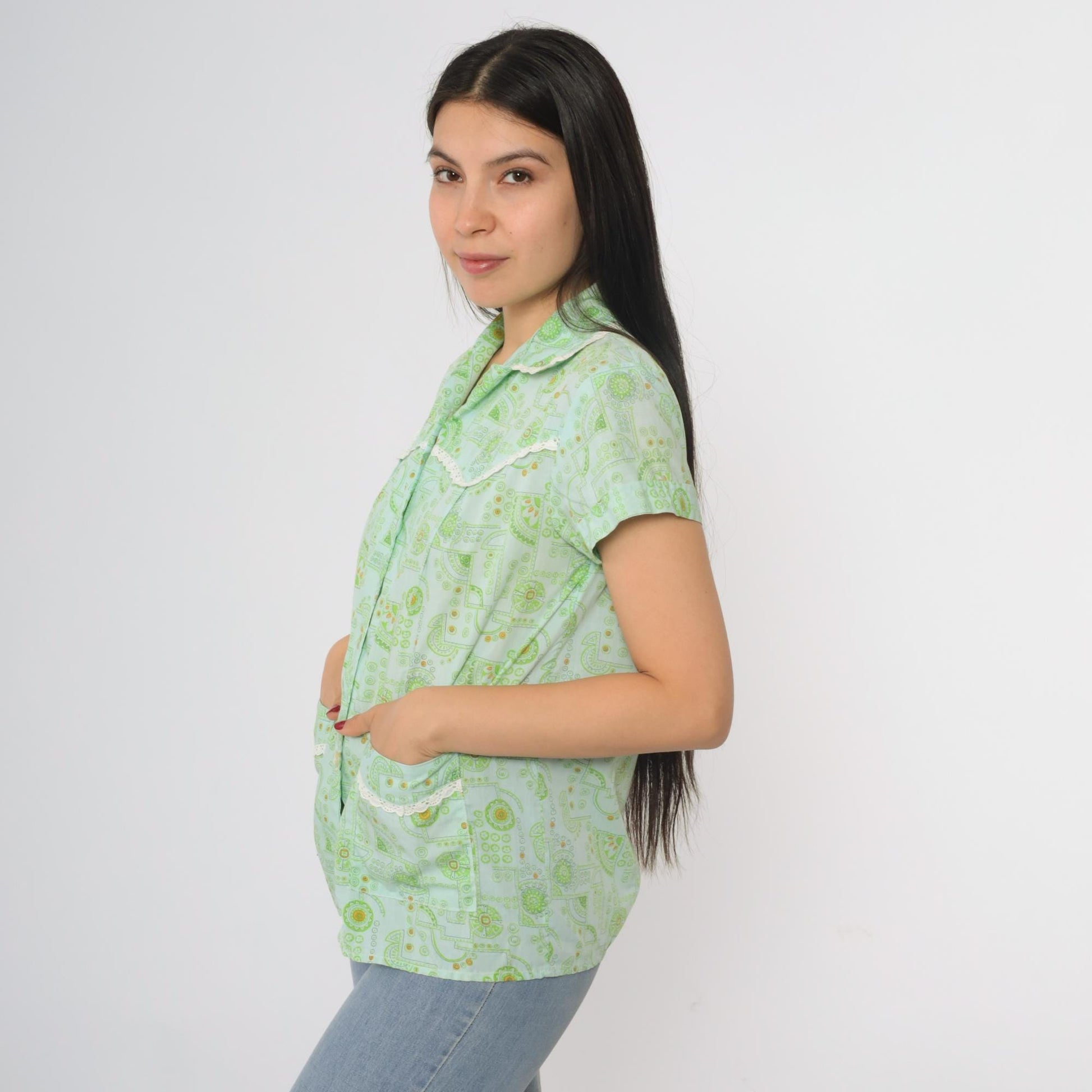 70s Sum Wah Mint Green Floral Button-Up Blouse Short Sleeve Collared Medium
