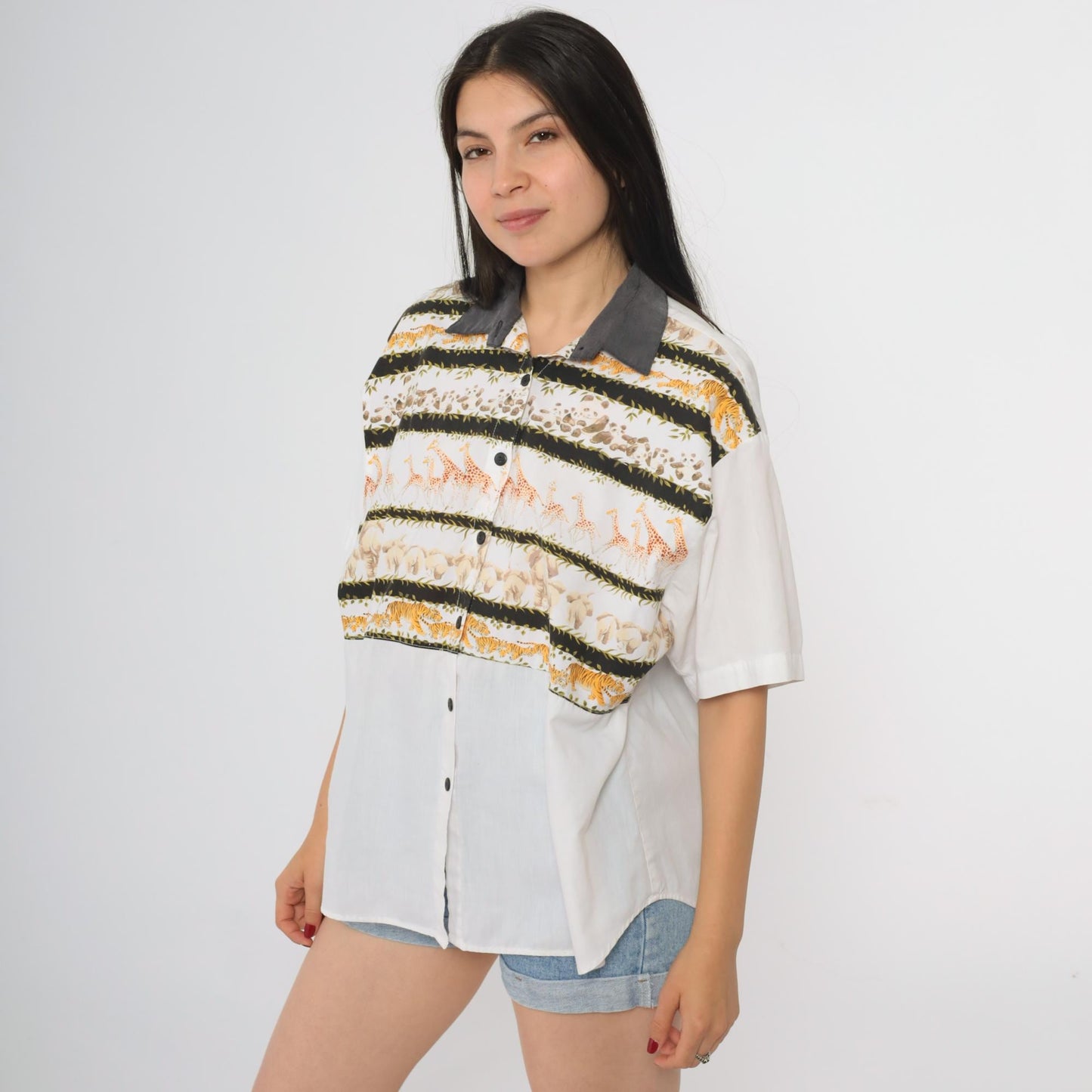 90s Tapestry Safari Animal Print Button-Up Blouse White Grey Collar Large