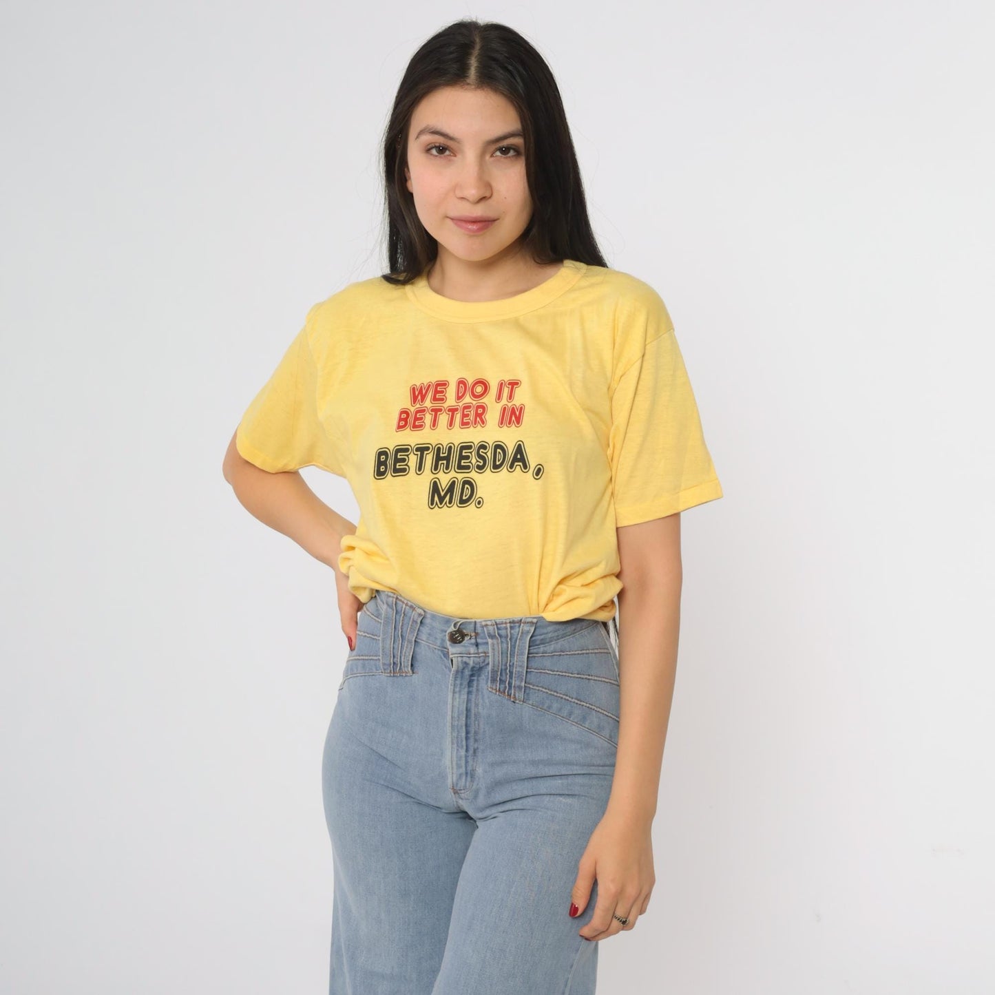 80s Bethesda Maryland Sneakers Graphic Tee Yellow We Do It Better Large