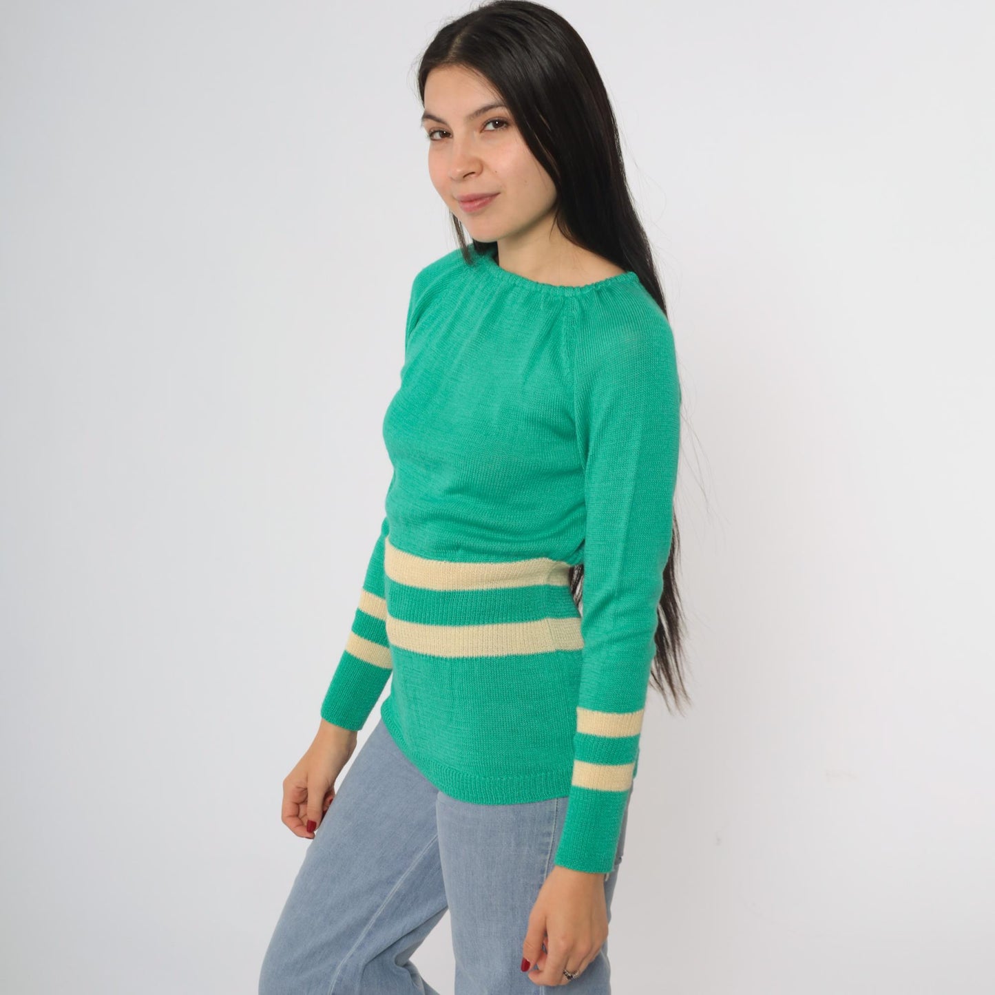 80s Penrose Emerald Green Striped Boat Neck Sweater Cream Small