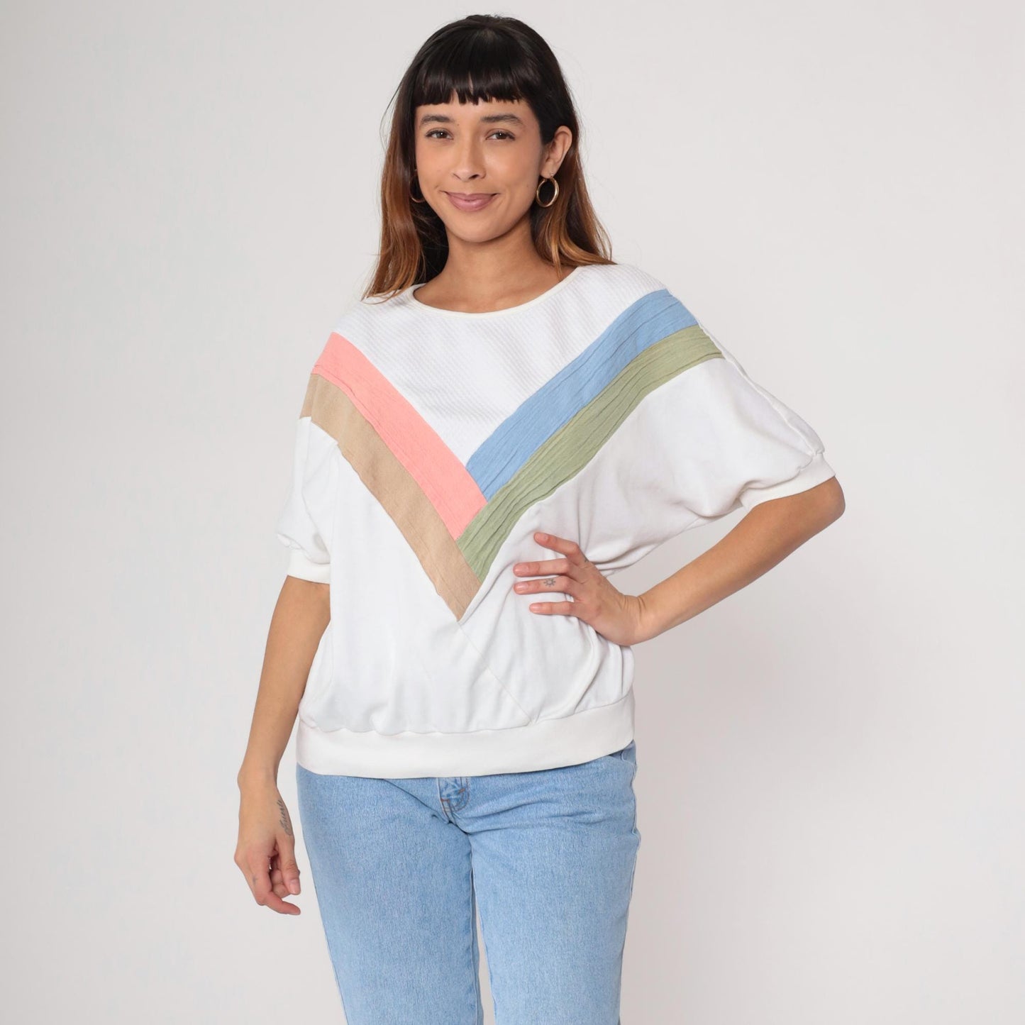 90s Pastel Chevron Colorblock Sweatshirt White Pink Blue Short Sleeve Medium