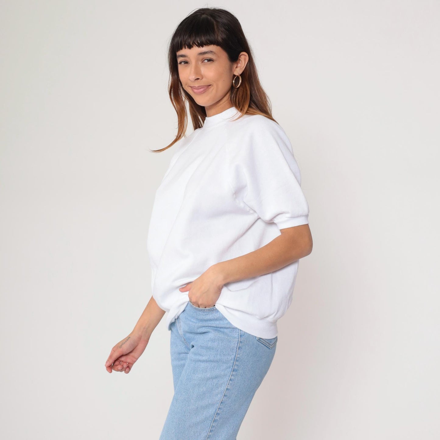 80s White Short Sleeve Sweatshirt Raglan Crewneck Large L