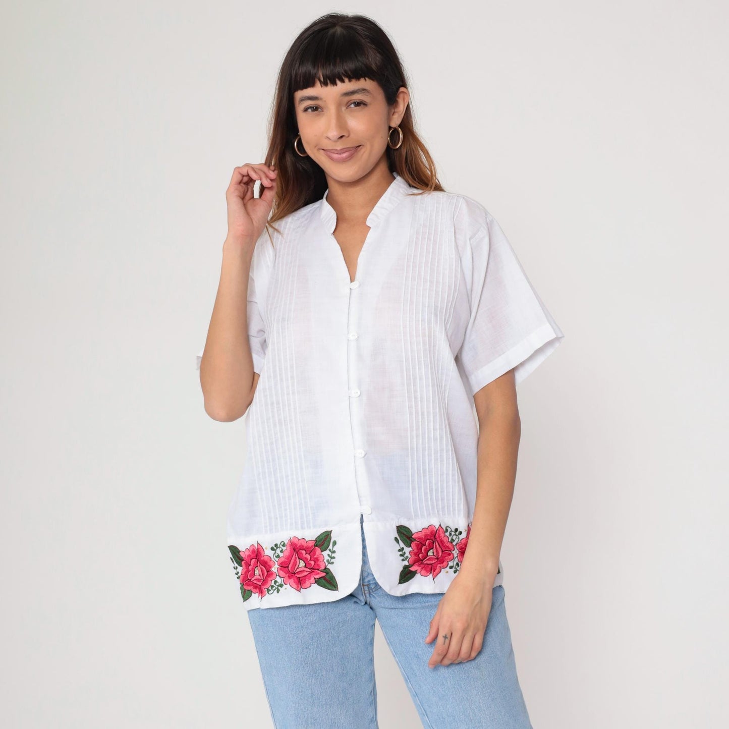 90s White Pink Rose Embroidered Button Down Blouse Mandarin Collar Large L