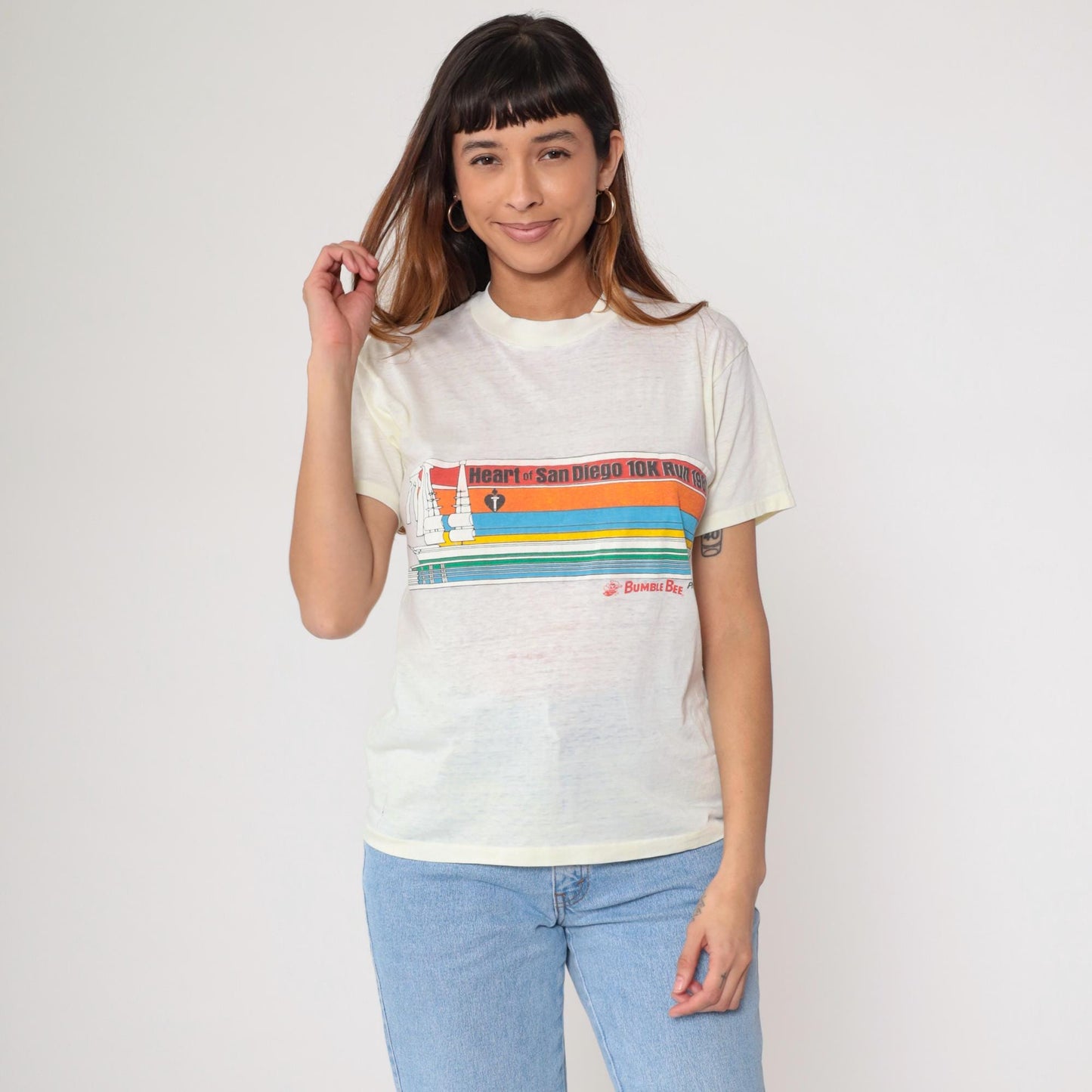 80s San Diego 10K Run Yellow Rainbow Stripe Graphic Tee Large L