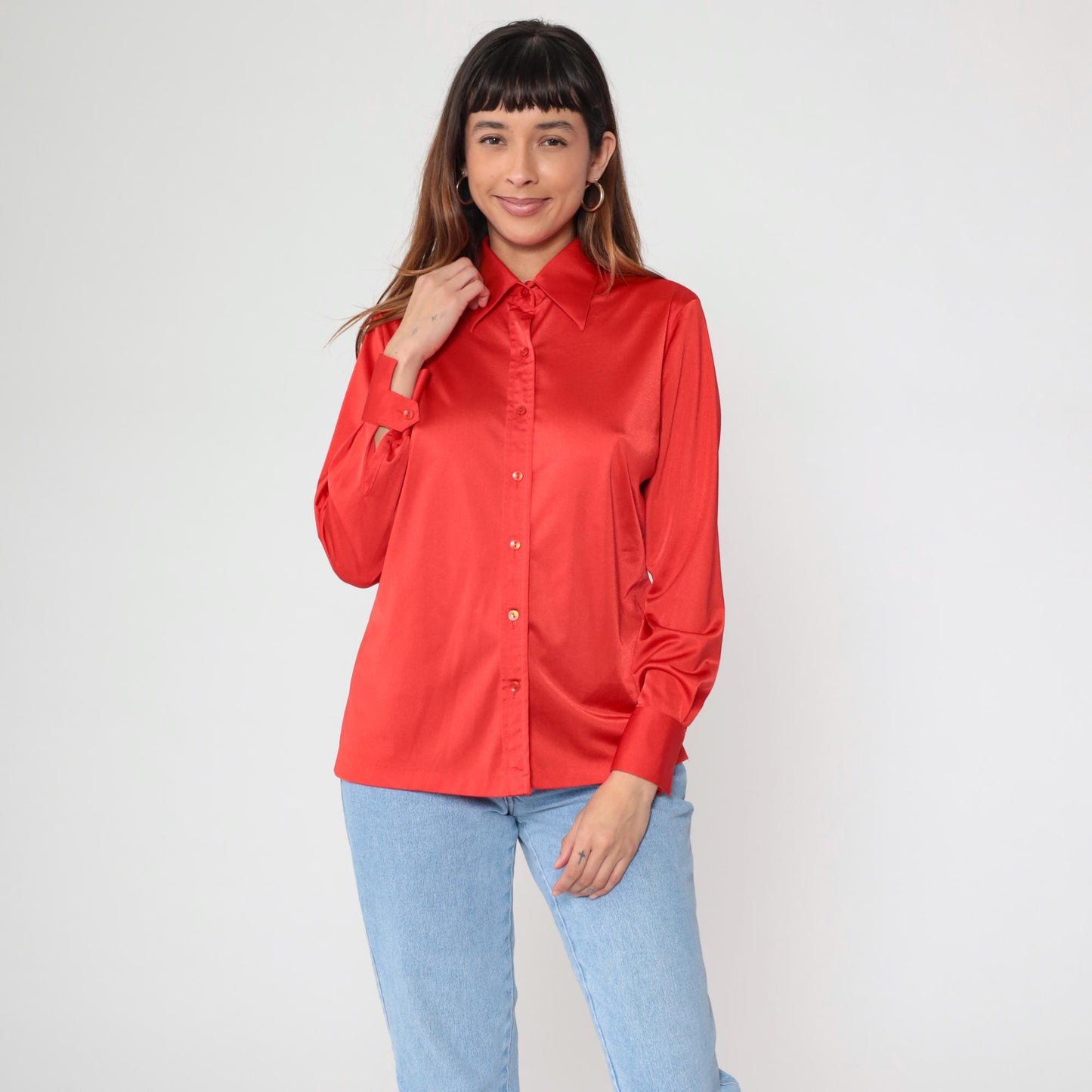 70s Coral Red Polyester Satin Button Up Blouse Pointed Collar Long Sleeve Medium M