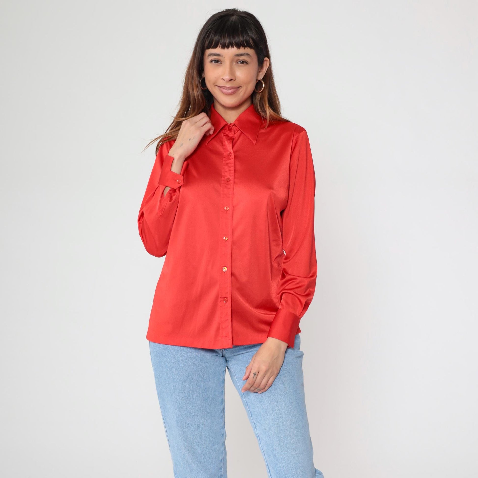 70s Coral Red Polyester Satin Button Up Blouse Pointed Collar Long Sleeve Medium M