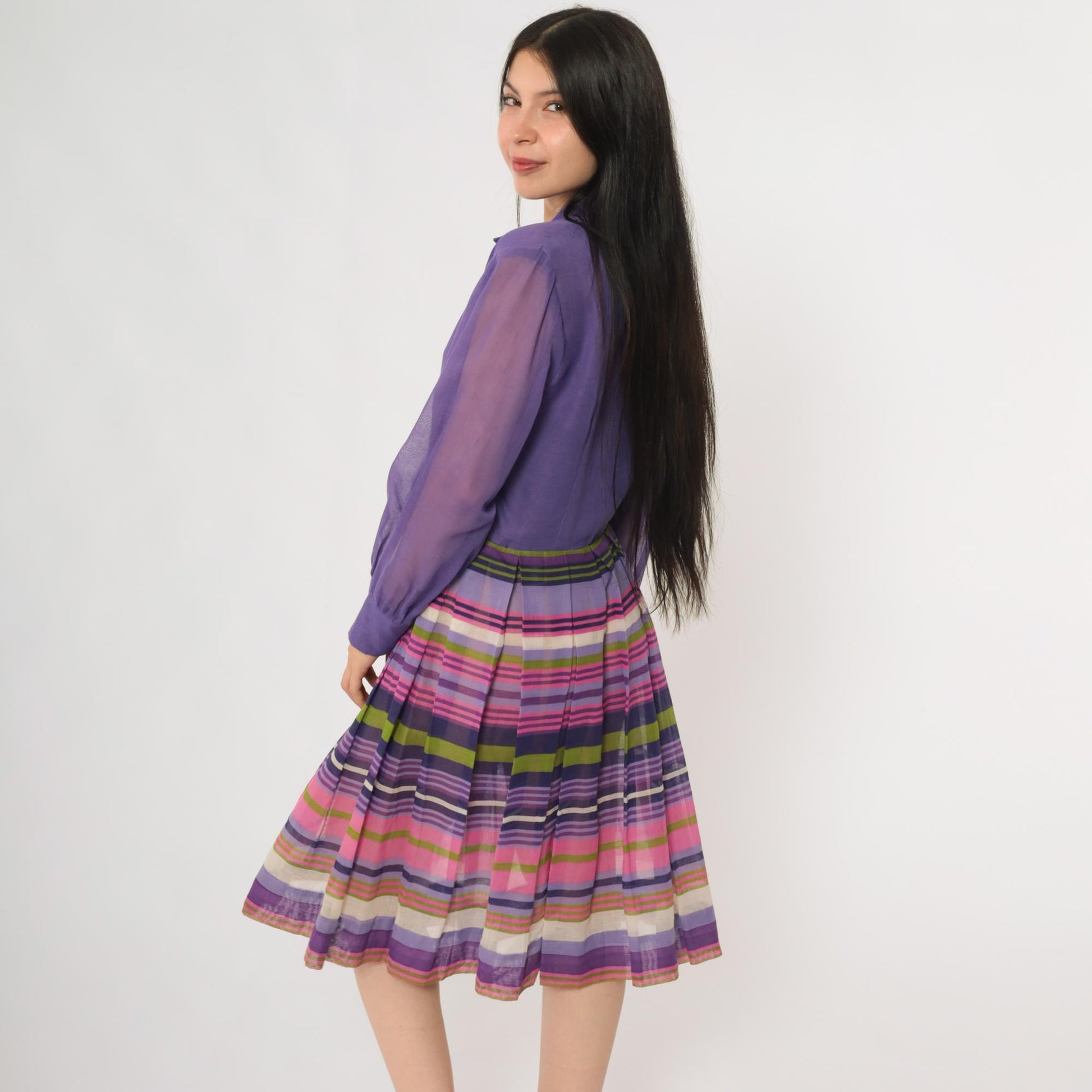 60s Rainbow Stripe Chiffon Midi Dress Button Front Long Sleeve Multicolor Large