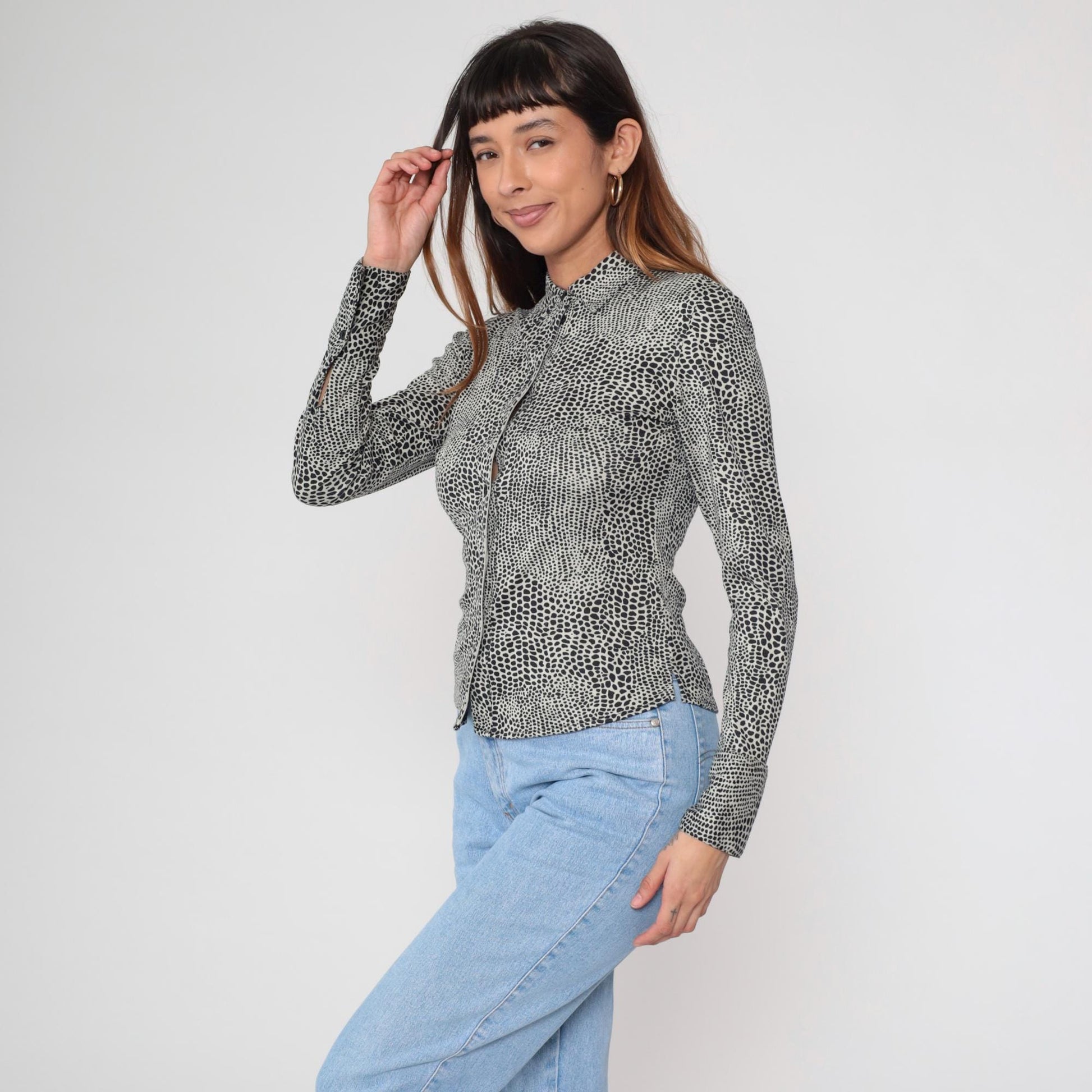 Y2K Alligator Print Button Up Blouse Black White Fitted Long Sleeve Extra Small XS