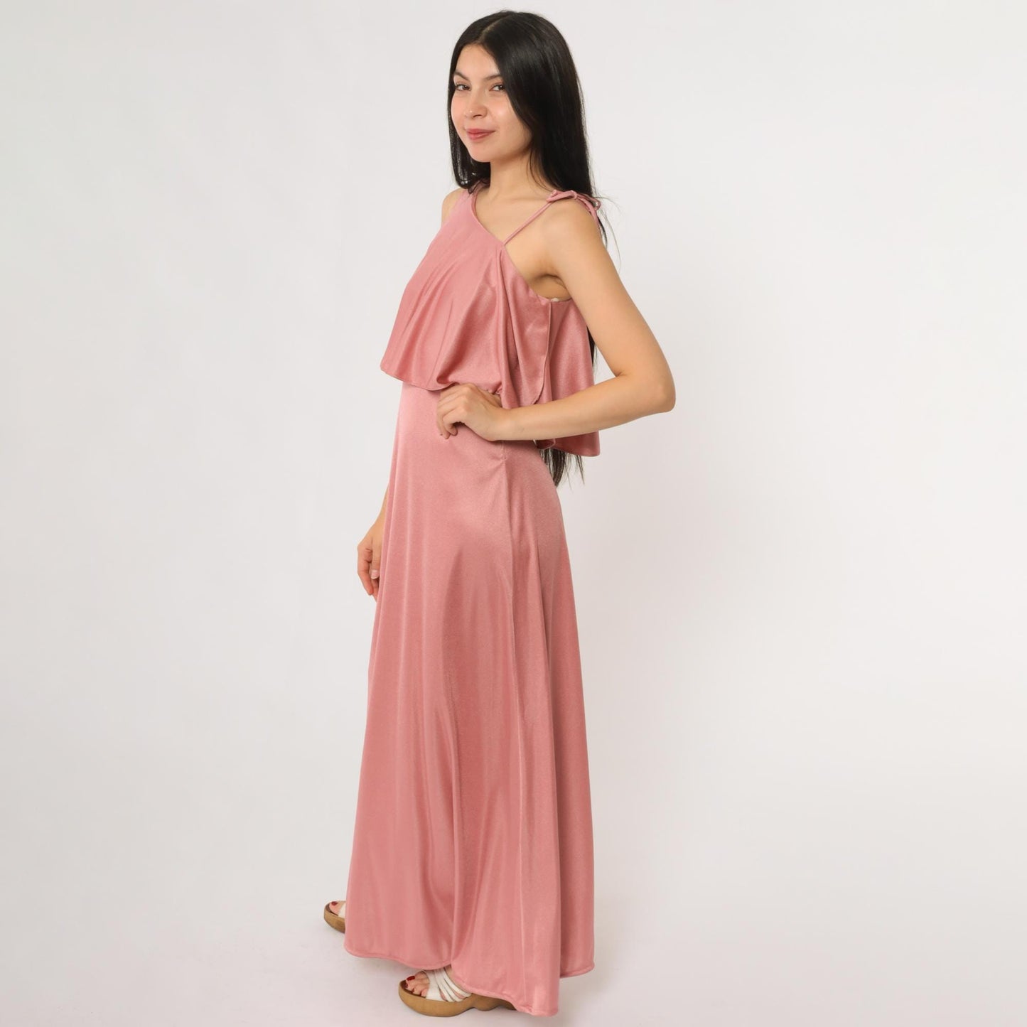 70s Zum Zum Dusty Rose Maxi Dress Ruffle Tie Shoulder Sleeveless Extra Small