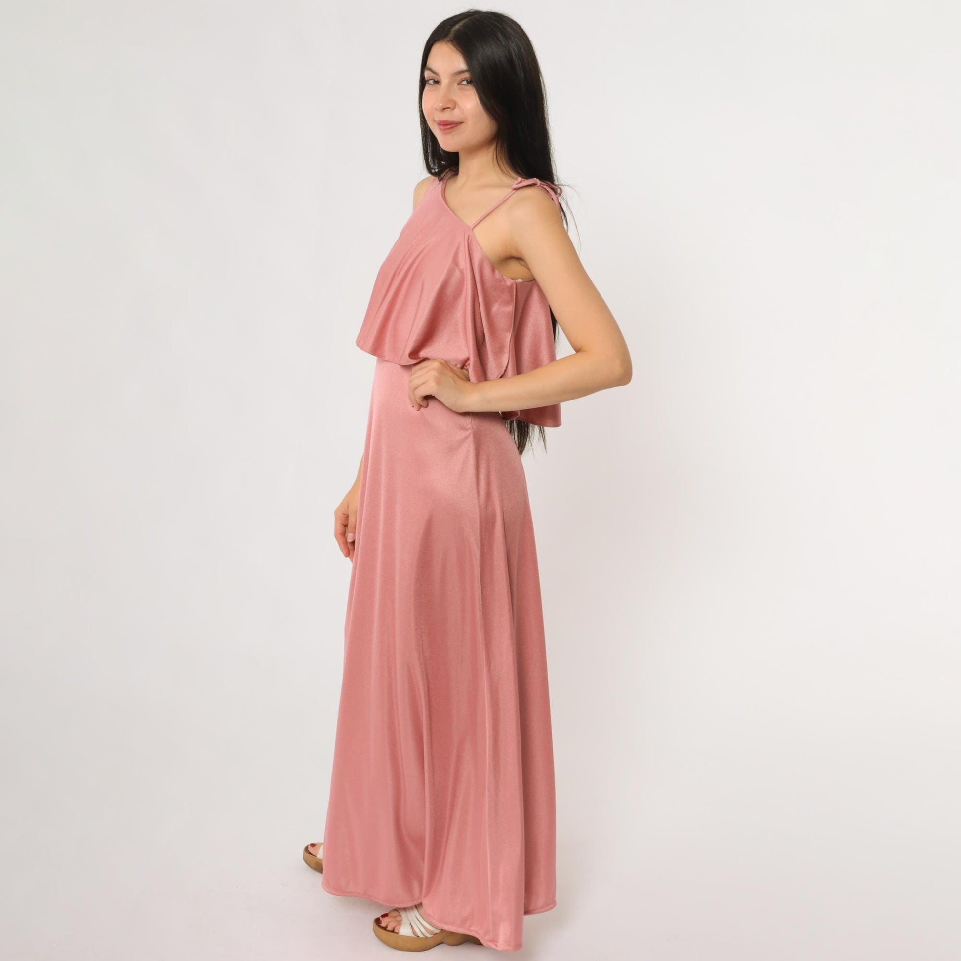 70s Zum Zum Dusty Rose Maxi Dress Ruffle Tie Shoulder Sleeveless Extra Small