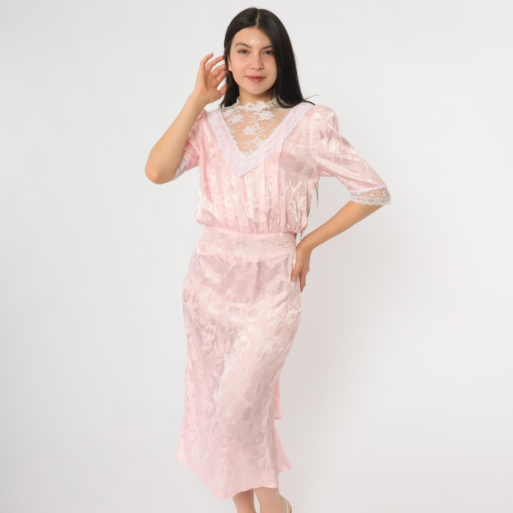80s Pink Lace Midi Dress Puff Sleeve V-Neck Tiered Ruffle Extra Small XS