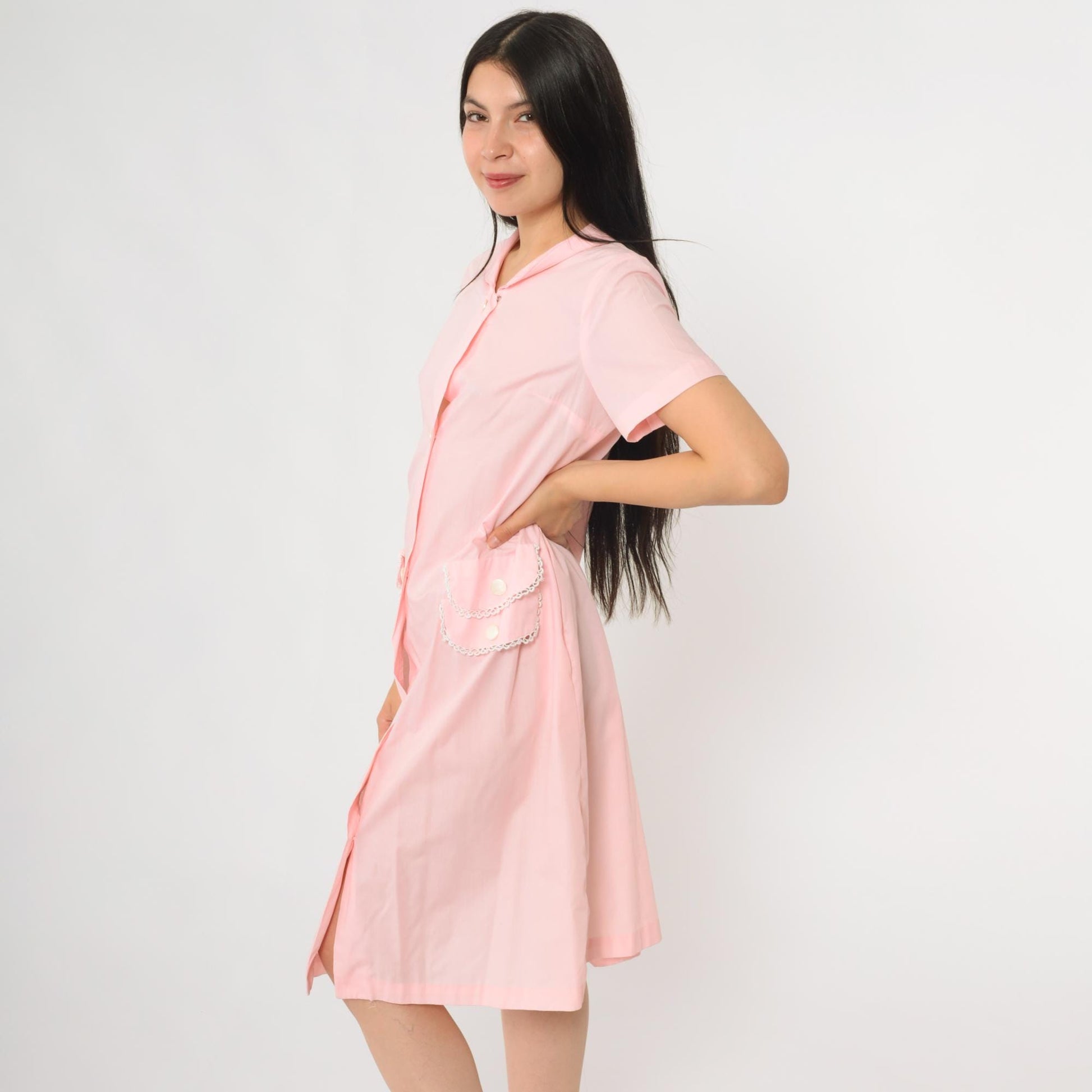 60s Charmode Pink House Dress Peter Pan Collar Lace Trim Pockets Medium