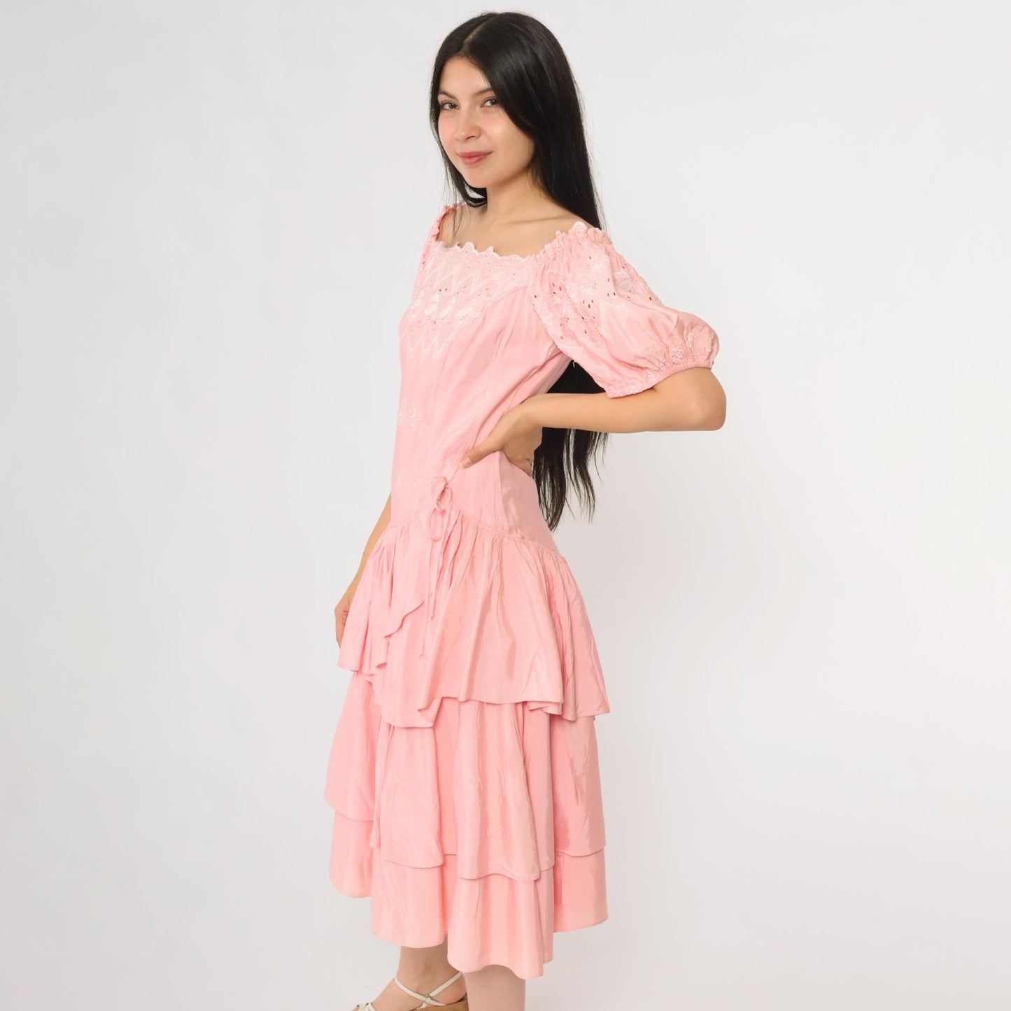 80s Pink Eyelet Midi Dress Off-Shoulder Puff Sleeve Tiered Ruffle Small