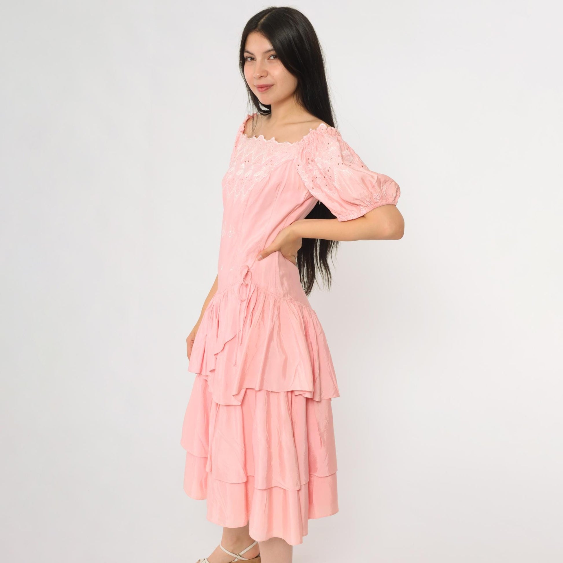 80s Pink Eyelet Midi Dress Off-Shoulder Puff Sleeve Tiered Ruffle Small