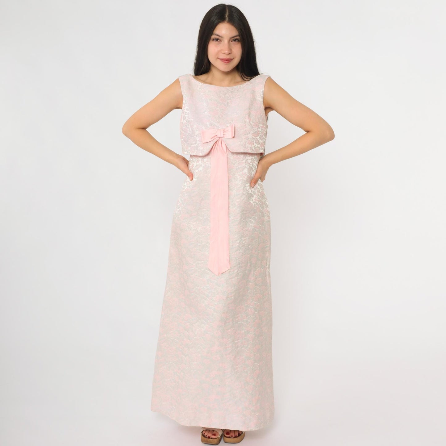 60s Pink Floral Maxi Dress Empire Waist Bow Tie Sleeveless Small