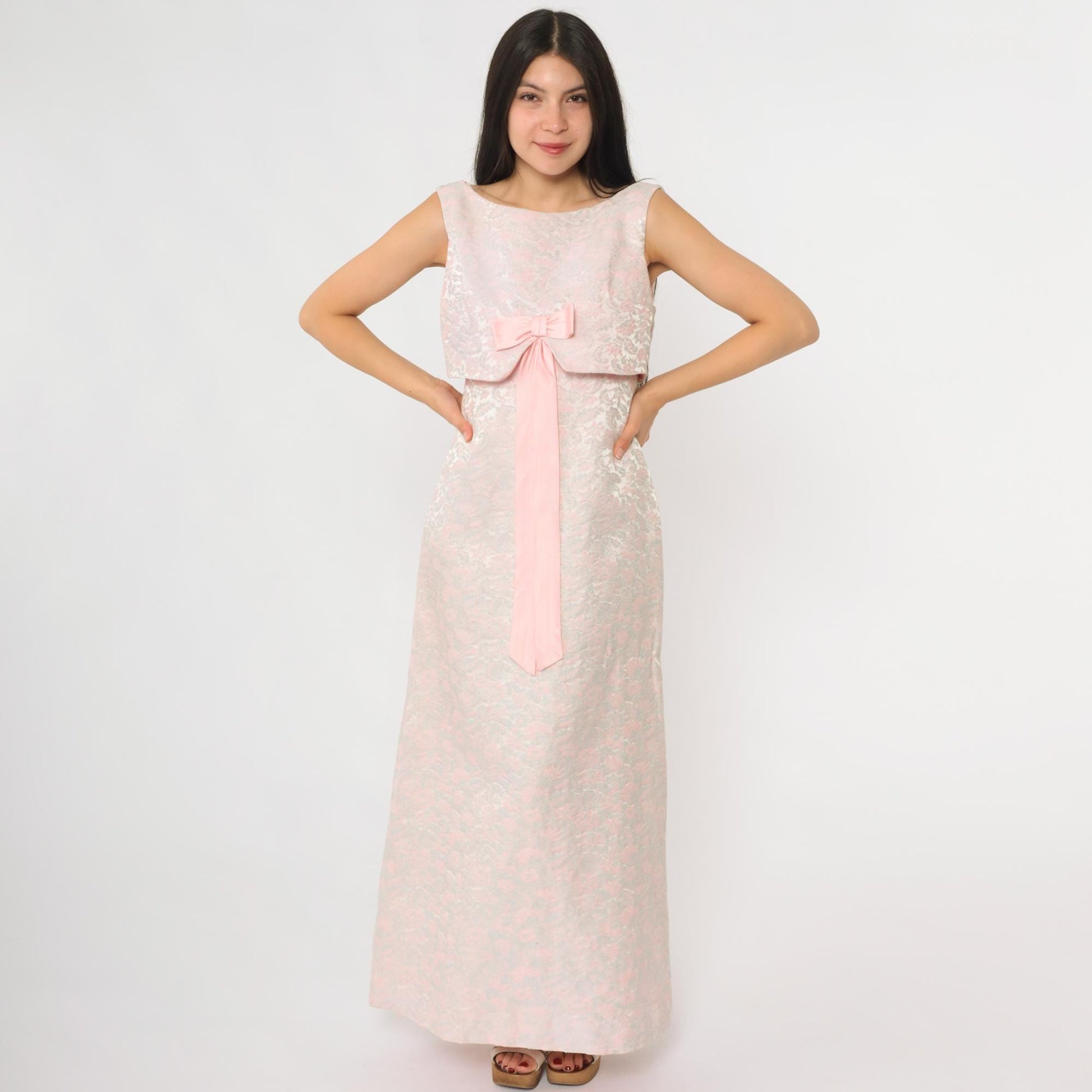 60s Pink Floral Maxi Dress Empire Waist Bow Tie Sleeveless Small