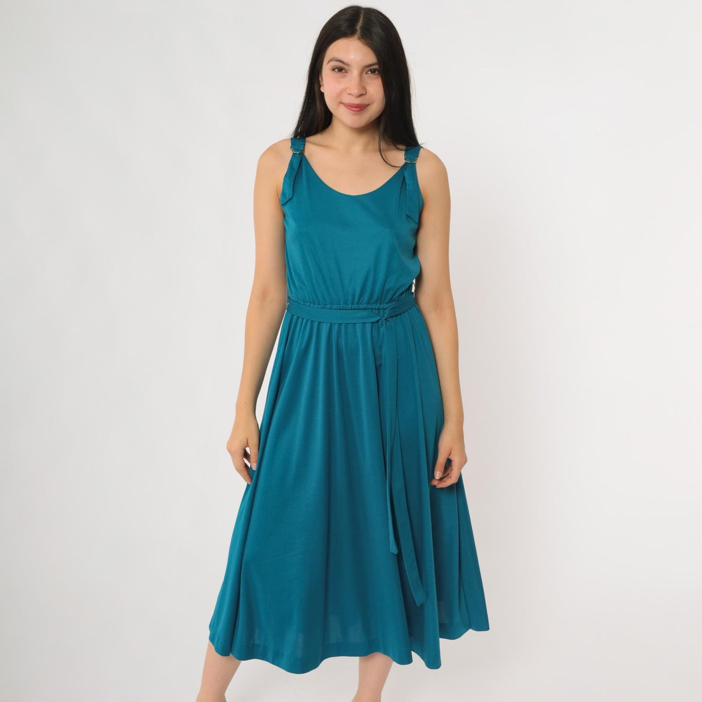 70s Lanz Teal Midi Dress Sleeveless A-Line Belted Small