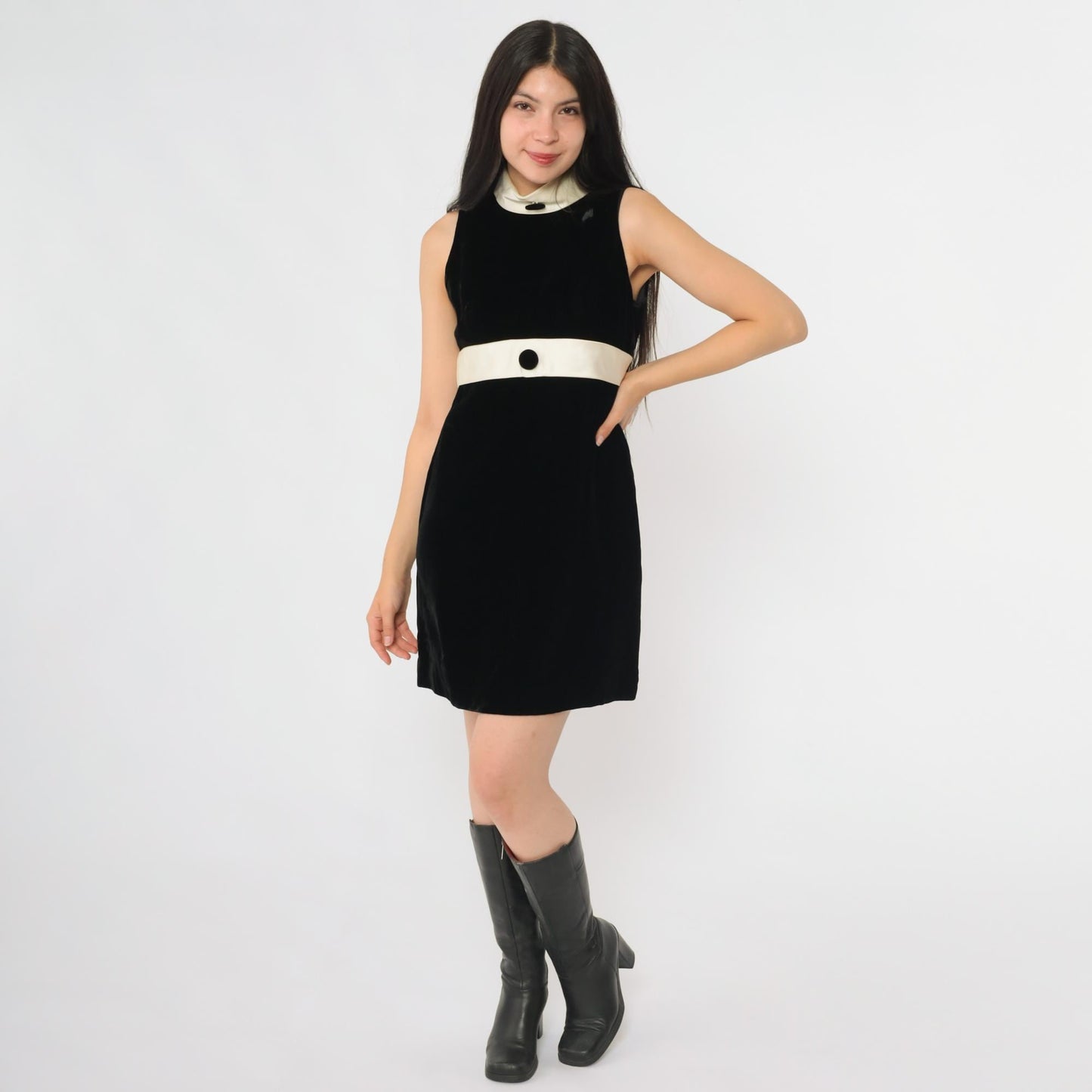 60s Black Velvet Mini Dress White Satin Collar Mod Sleeveless Small S