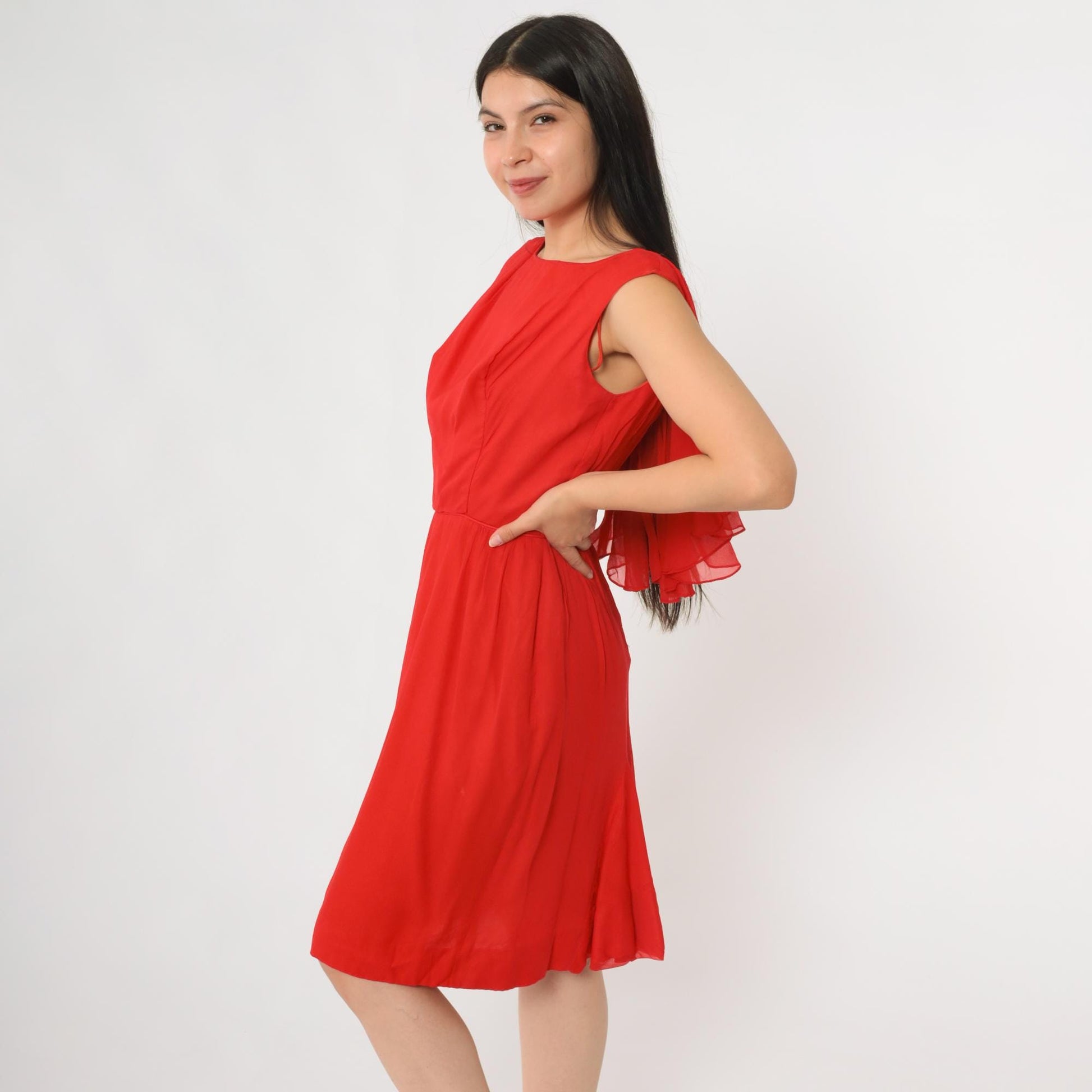 60s Red Chiffon Sleeveless Boat Neck Dress Knee Length Ruffle Medium