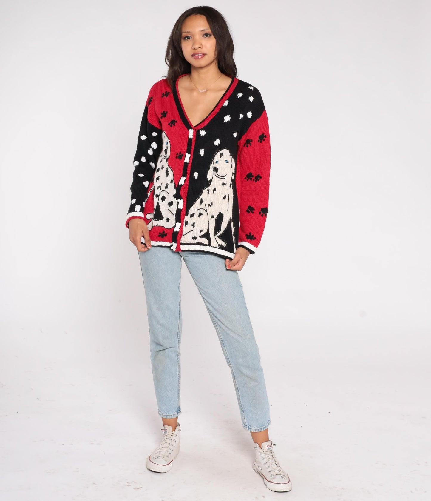 90s Storybook Knits Dalmatian Cardigan Black Red White Bone Buttons Small