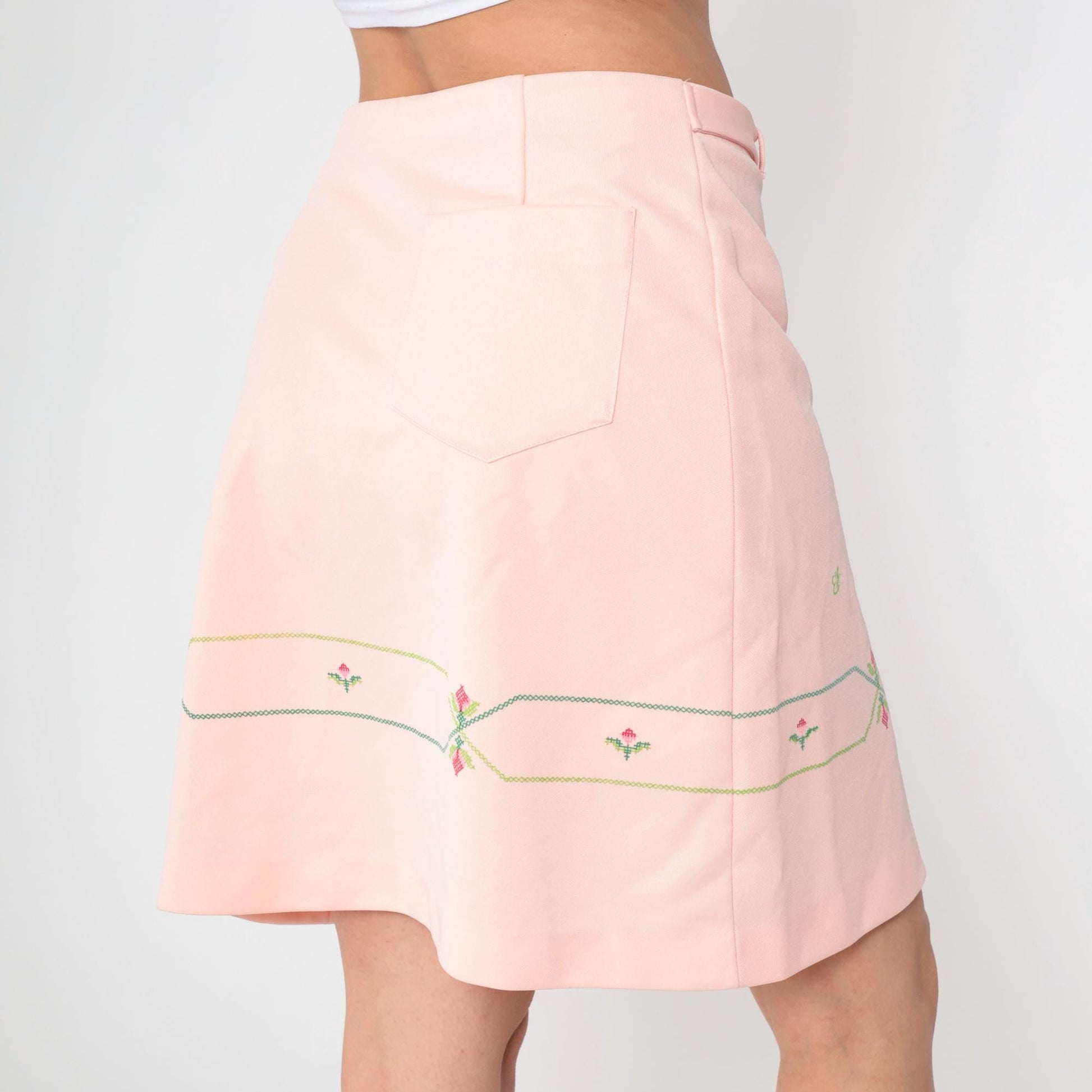 70s Pink Mini A-Line Skirt Cross Stitch Floral Bow Belt Medium