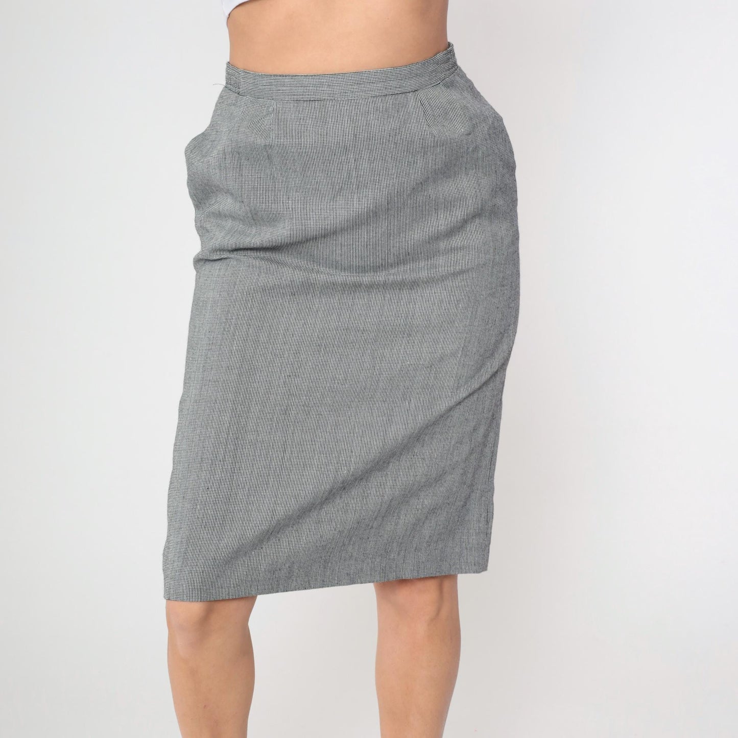 80s Black Houndstooth Midi Skirt High Waist Straight Pencil Medium