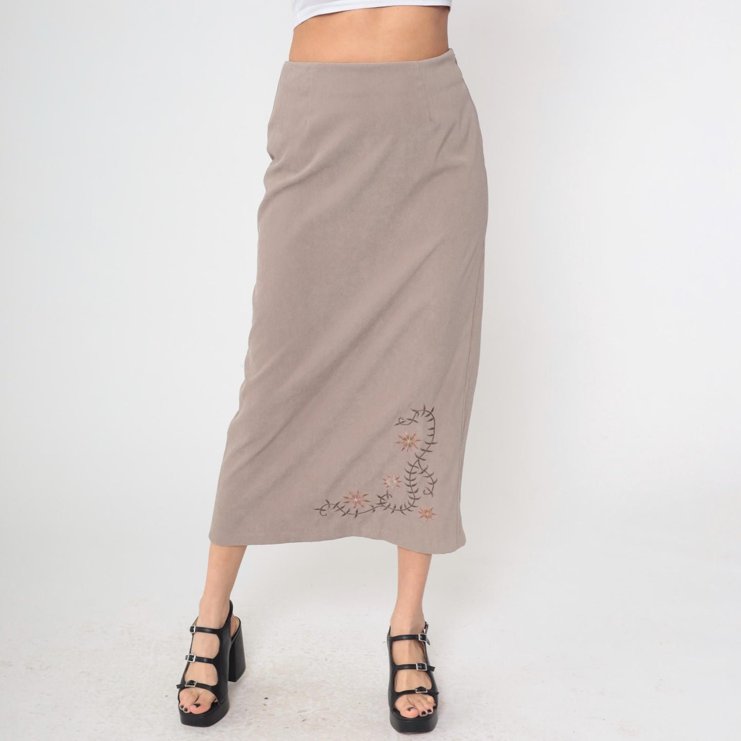 90s Taupe Floral Embroidered Maxi Skirt High Waist Column Medium