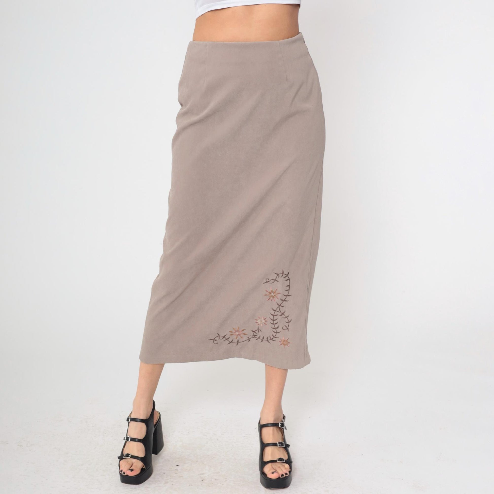 90s Taupe Floral Embroidered Maxi Skirt High Waist Column Medium