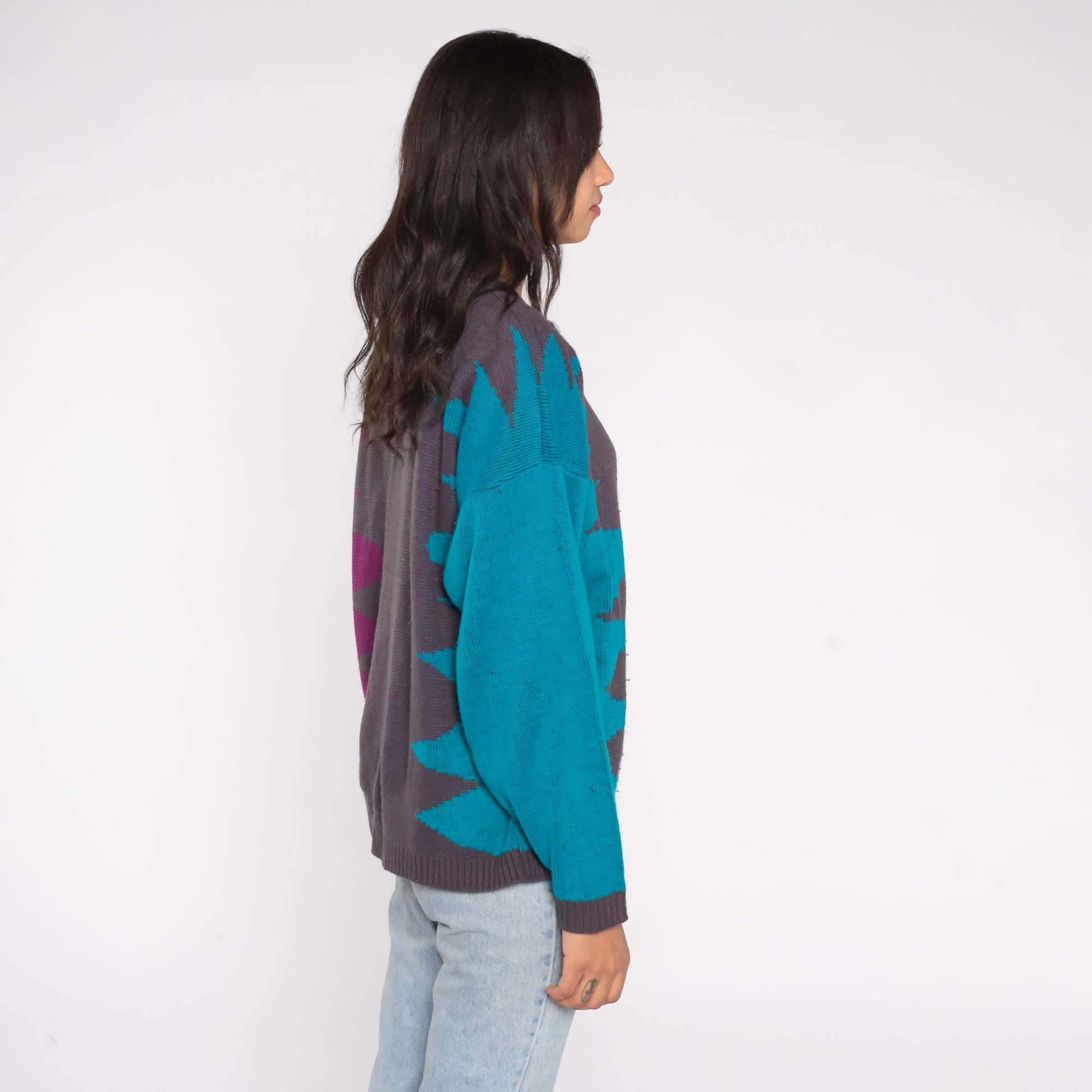 90s Geometric Color Block Sweater Teal Purple Charcoal Crewneck Medium