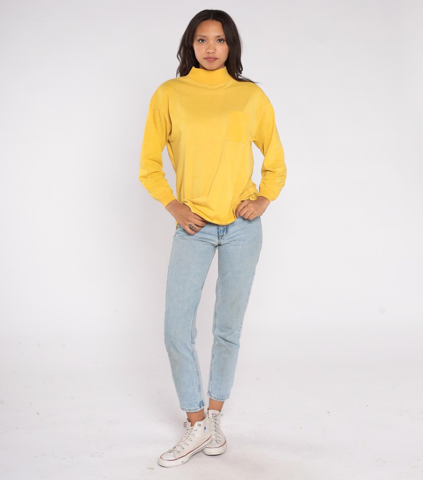 90s Cristina Yellow Mock Turtleneck Chest Pocket Boxy Long Sleeve Large L