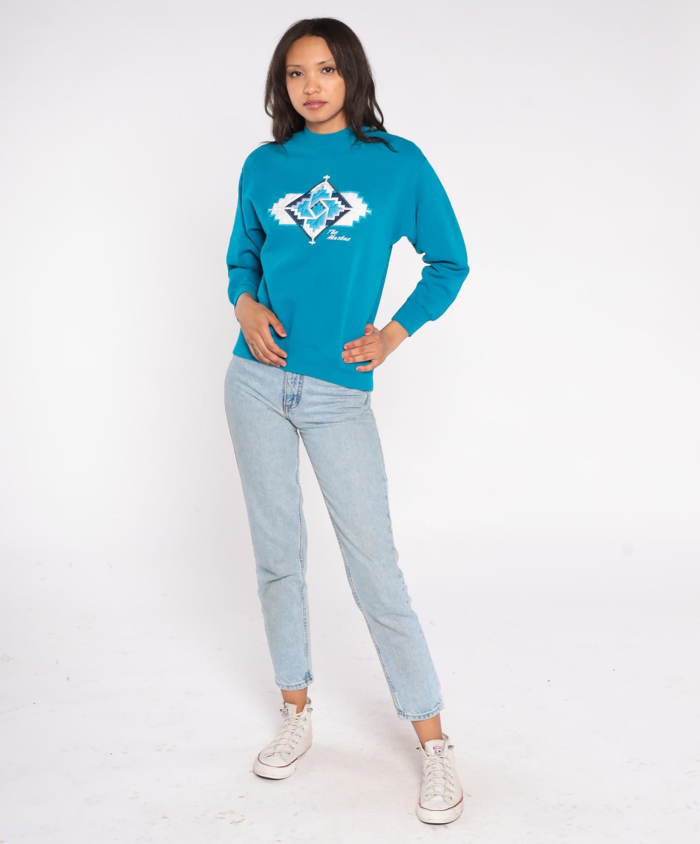 90s Hanes Southwestern Turquoise Sweatshirt Geometric Cross Patch Medium