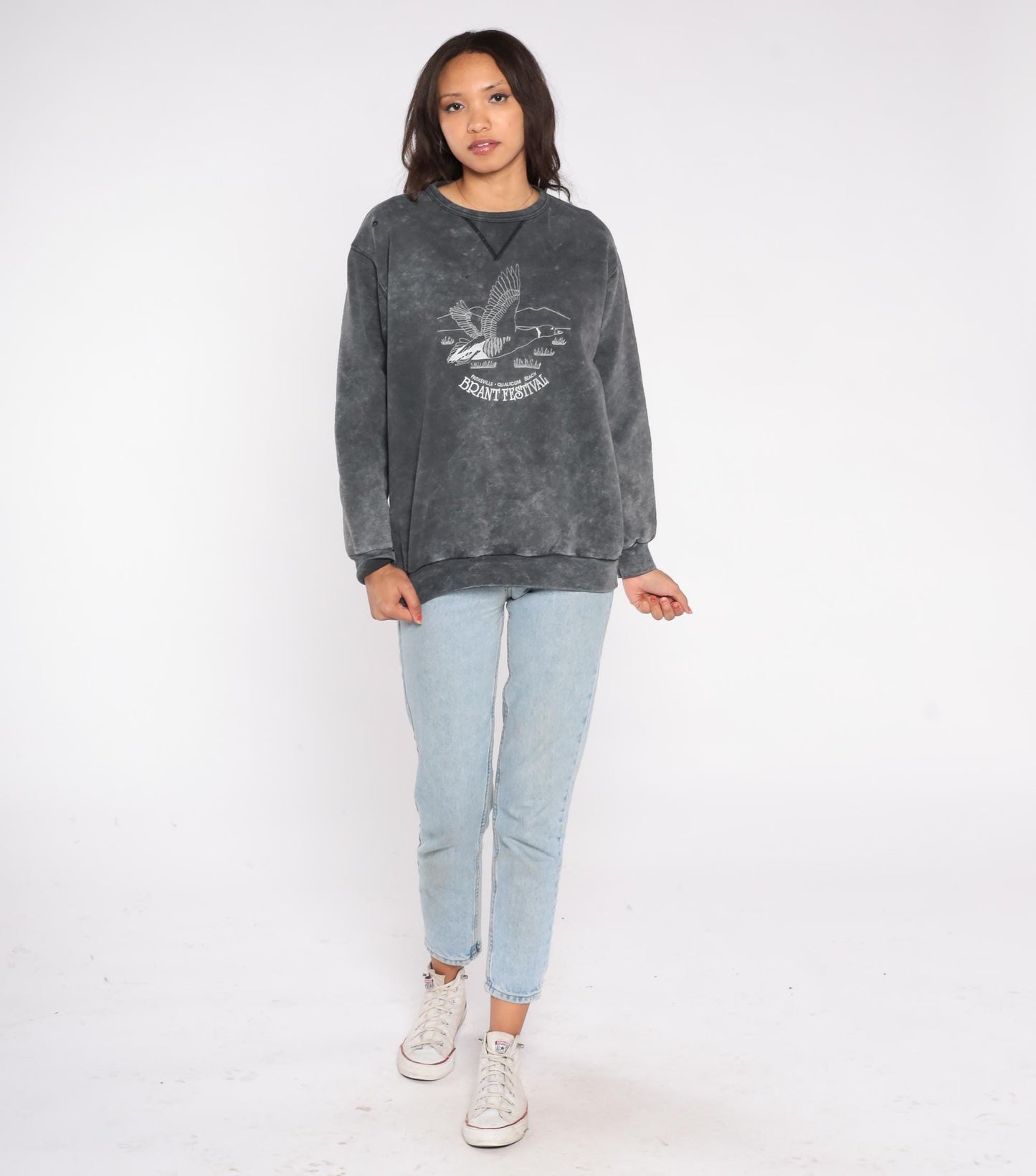 90s Brant Festival Goose Embroidered Acid Wash Sweatshirt Grey Medium