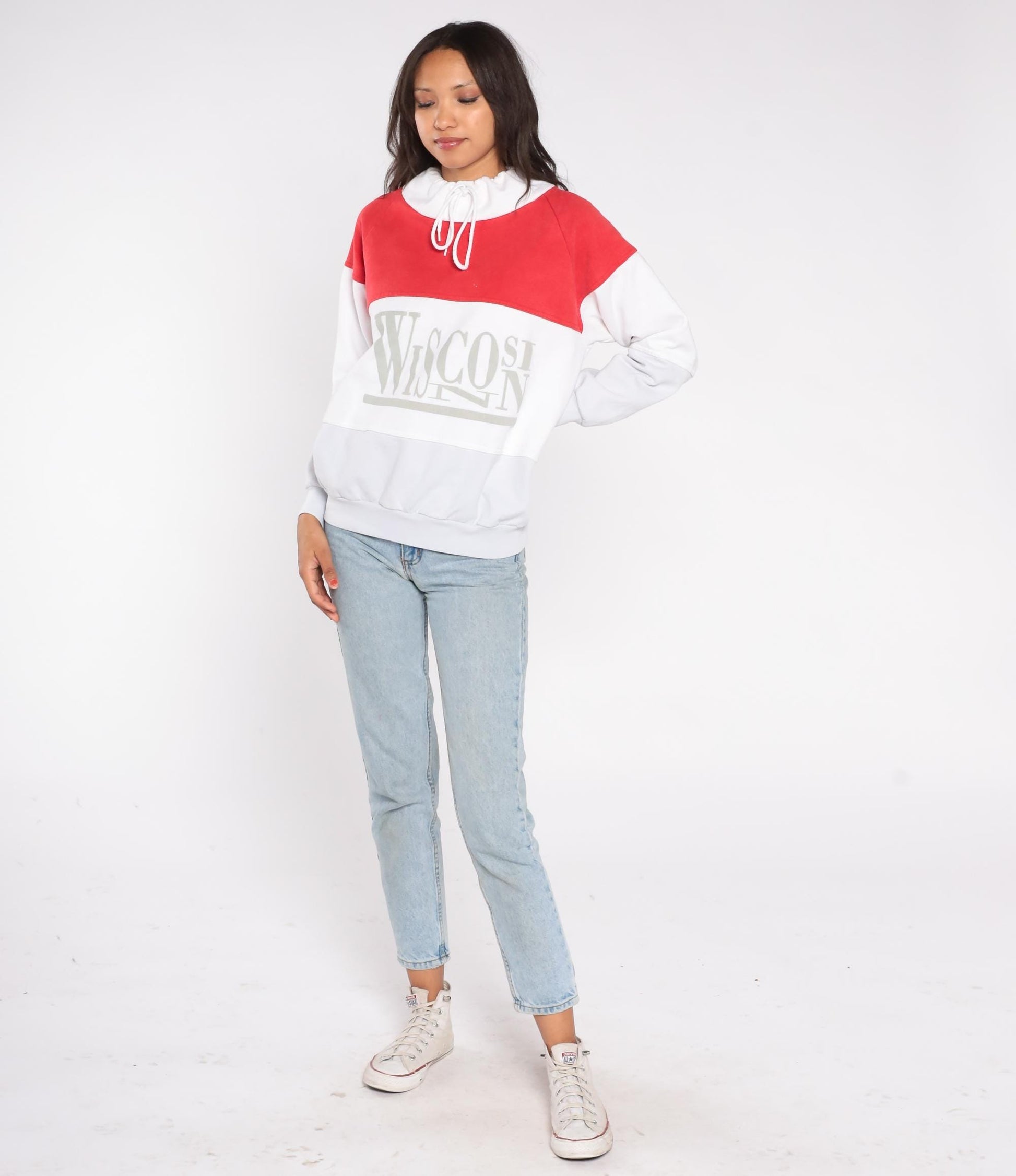 90s Wisconsin Colorblock Sweatshirt Red White Mock Turtleneck Medium